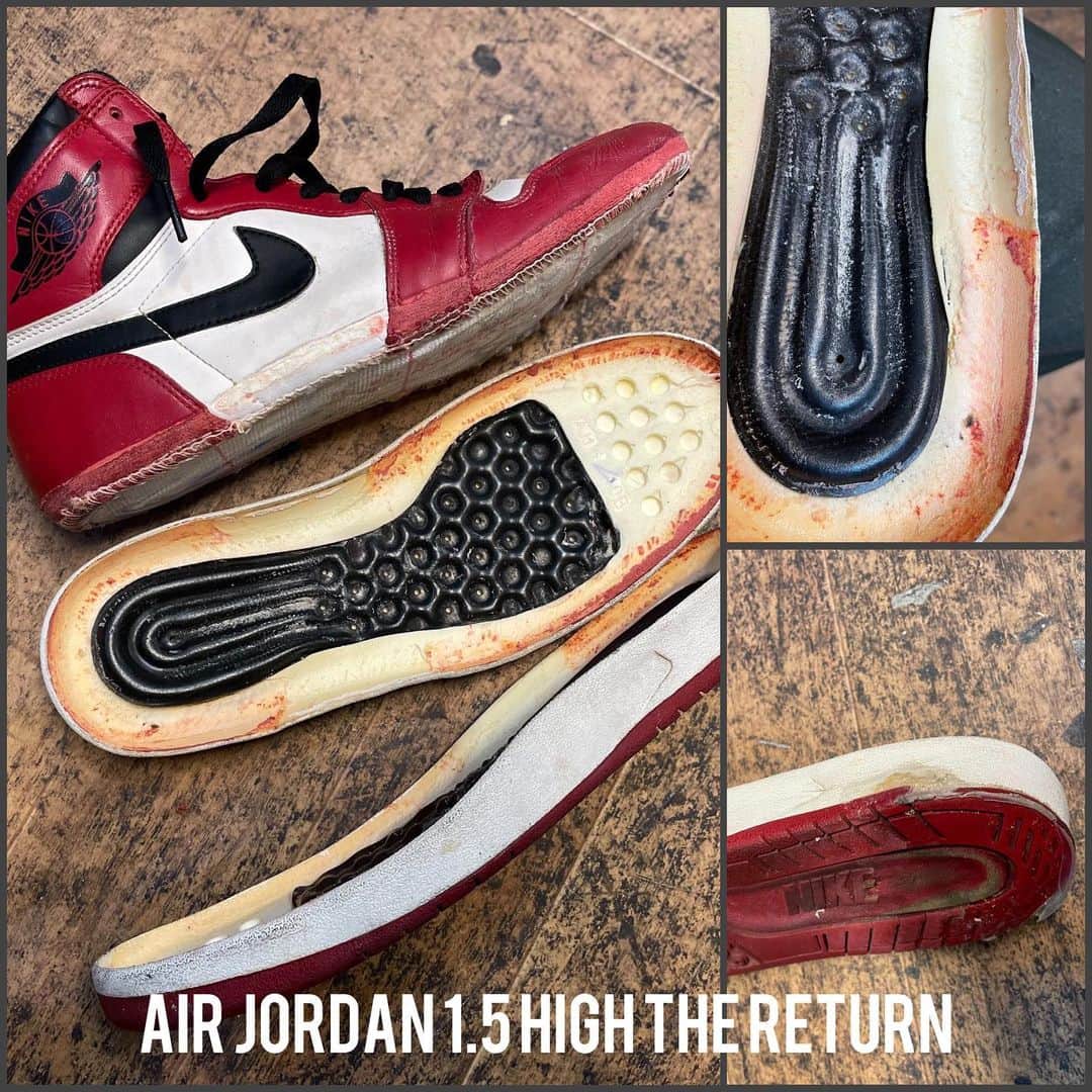 Sneaker At Randomのインスタグラム：「AIR JORDAN 1.5 HIGH THE RETURNの修理例  元のソールが加水分解がしている為、オールソール交換となります。  ARATA Outsole No.4に交換することにより見た目はほぼAJ1になります。  最近急増している修理です。 2015年製ですのでそろそろ寿命の個体が多いようです…  #sneakeratrandom#スニーカーアトランダム#junkyard#ジャンクヤード#sneaker#スニーカー#スニーカー修理#スニーカーカスタム#市川#本八幡#梅田#阪神梅田本店#心斎橋#高円寺#angeluspaint#アンジェラスペイント#arata#アラタ#オールソール」