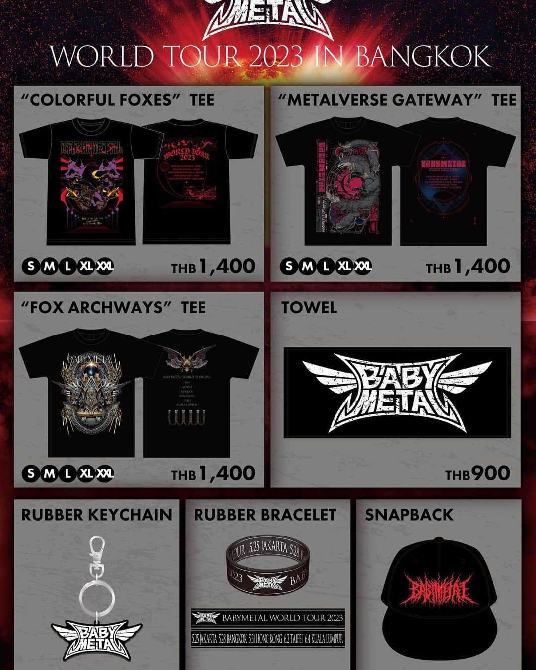 BABYMETALさんのインスタグラム写真 - (BABYMETALInstagram)「"BABYMETAL WORLD TOUR 2023 in Bangkok" Merchandise Announcement📣   [OPENING HOURS] MAY 28 2023 VIP PRIORITY - 2:00PM GENERAL - 3:00PM  [LOCATION] SULARAI HALL (FOYER AREA OF TRUE ICON HALL)  [PAYMENT METHOD] CASH, TRANSFER, DEBIT&CREDIT CARD  [Notes for Merchandise] *VIP priority sale is limited to ONE-TIME USE for VIP ticket holders.  If you would like to make an additional purchase, please line up again in the general sale queue. *Purchase limit for each item is up to a quantity of 2 (including difference size) per transaction.  #BABYMETAL」5月25日 12時00分 - babymetal_official