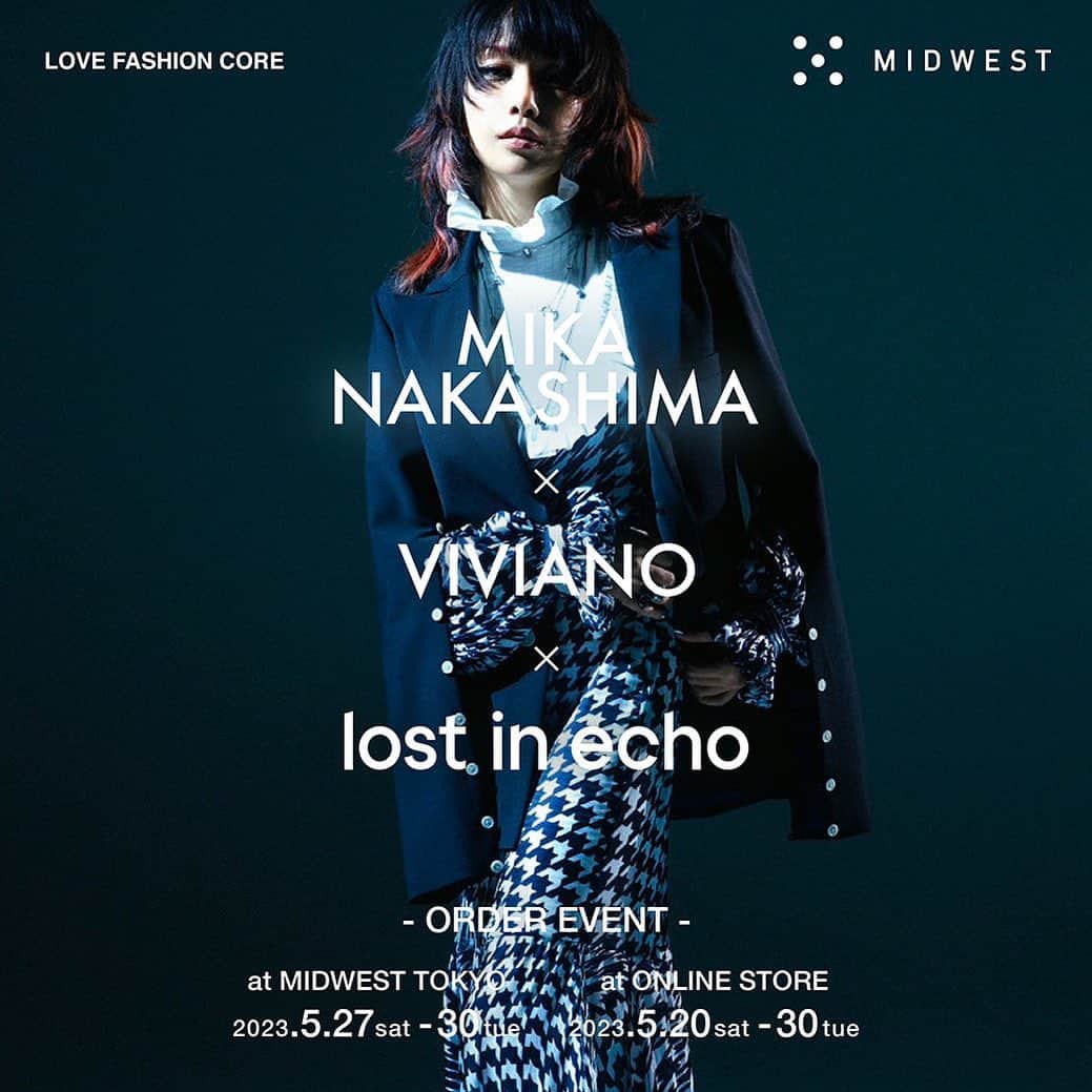 MIDWEST TOKYO WOMENのインスタグラム：「. -------------------------------------- MIKA NAKASHIMA×VIVIANO×lost in echo ORDER EVENTat MIDWEST -------------------------------------- @mikanakashima_official @vivianostudio @vivianosue @lostinecho_official  VIVIANOのデザイナー Viviano Sue氏と親交のある中島美嘉氏との プライベートな会話から生まれた本コレクション。 お互いが何度も会話を重ね、完成までに1年を費やしたアイテムに2人のこだわりを凝縮。 コレクションのテーマカラーはブラックとネイビー。そこにオリジナルのハウンドトゥース柄を入れ、ダークトーンな世界観にアクセントを加えた。 中島美嘉氏のエレガントでエッジが効いた特徴的なスタイルとVIVIANOが得意とするラッフルやチュールを用いたデコラティブなスタイルが見事に合わさったコレクションとなっている。 また、今回のコラボレーションではシューズとアクセサリーも展開。シューズとアクセサリーは中国·上海を拠点にするブランドlost in echoに製作を依頼。厚底のプラットフォームが特徴のシューズは、履いた時の美しさと歩きやすさを両立させるため、木型を何度も製作し調整を重ね、驚くほど快適な着用感を実現。ジュエリーはlost in echoのアイコニックなパールと蛇のモチーフを組み合わせたアイテムを中心に、随所に中島美嘉氏のエッセンスを散りばめた。  そんなスペシャルなコレクションアイテムをMIDWESTオンラインストア＆東京店で受注イベントを開催!! ぜひお見逃しなく。  ■受注期間 (オンラインストアは先行で受注会を開催)  ※オンラインストア 5月20日(土)12時～30日(火)20時まで  ※東京店 5月27日(土)～30日(火)まで 実際店頭でサンプルをすべてご覧いただけます。  全て受注生産となります。  ■開催店舗 場所：MIDWEST TOKYO 住所 東京都渋谷区神南1-6-1 営業時間 12:00-20:00 (日曜 11:00-19:00) @midwest_tw 電話番号：03-5428-3171  --------------- photography @usami_naoto styled @hayato_takada hair & make-up @junkokobayash  #MIKANAKASHIMAxVIVIANO  #MIKANAKASHIMAxVIVIANOxlostinecho #MIKANAKASHIMA #VIVIANOSTUDIO #VIVIANO  #lostinecho #ヴィヴィアーノ #イベント #ファッション #オーダーイベント」