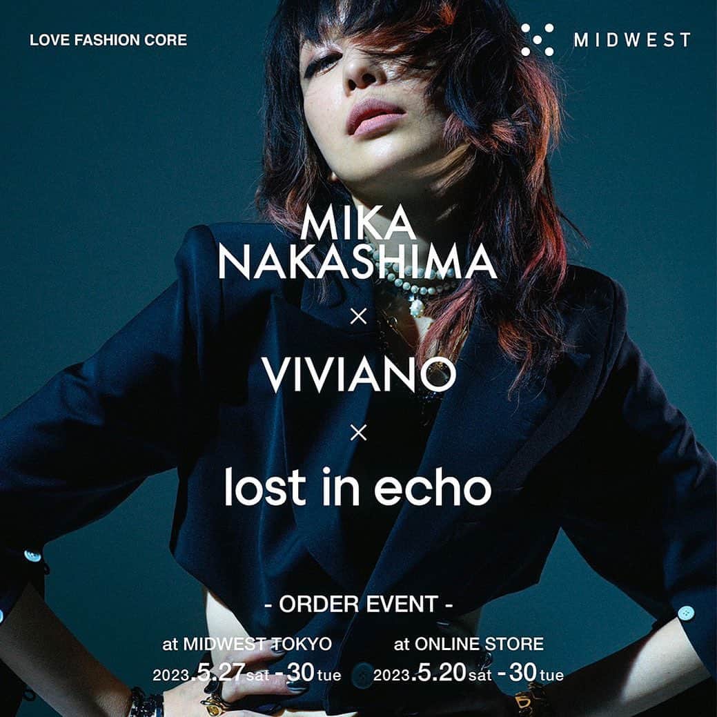 MIDWEST TOKYO WOMENのインスタグラム：「. -------------------------------------- MIKA NAKASHIMA×VIVIANO×lost in echo ORDER EVENTat MIDWEST -------------------------------------- @mikanakashima_official @vivianostudio @vivianosue @lostinecho_official  VIVIANOのデザイナー Viviano Sue氏と親交のある中島美嘉氏との プライベートな会話から生まれた本コレクション。 お互いが何度も会話を重ね、完成までに1年を費やしたアイテムに2人のこだわりを凝縮。 コレクションのテーマカラーはブラックとネイビー。そこにオリジナルのハウンドトゥース柄を入れ、ダークトーンな世界観にアクセントを加えた。 中島美嘉氏のエレガントでエッジが効いた特徴的なスタイルとVIVIANOが得意とするラッフルやチュールを用いたデコラティブなスタイルが見事に合わさったコレクションとなっている。 また、今回のコラボレーションではシューズとアクセサリーも展開。シューズとアクセサリーは中国·上海を拠点にするブランドlost in echoに製作を依頼。厚底のプラットフォームが特徴のシューズは、履いた時の美しさと歩きやすさを両立させるため、木型を何度も製作し調整を重ね、驚くほど快適な着用感を実現。ジュエリーはlost in echoのアイコニックなパールと蛇のモチーフを組み合わせたアイテムを中心に、随所に中島美嘉氏のエッセンスを散りばめた。  そんなスペシャルなコレクションアイテムをMIDWESTオンラインストア＆東京店で受注イベントを開催!! ぜひお見逃しなく。  ■受注期間 (オンラインストアは先行で受注会を開催)  ※オンラインストア 5月20日(土)12時～30日(火)20時まで  ※東京店 5月27日(土)～30日(火)まで 実際店頭でサンプルをすべてご覧いただけます。  全て受注生産となります。  ■開催店舗 場所：MIDWEST TOKYO 住所 東京都渋谷区神南1-6-1 営業時間 12:00-20:00 (日曜 11:00-19:00) @midwest_tw 電話番号：03-5428-3171  --------------- photography @usami_naoto styled @hayato_takada hair & make-up @junkokobayash  #MIKANAKASHIMAxVIVIANO  #MIKANAKASHIMAxVIVIANOxlostinecho #MIKANAKASHIMA #VIVIANOSTUDIO #VIVIANO  #lostinecho #ヴィヴィアーノ #イベント #ファッション #オーダーイベント」