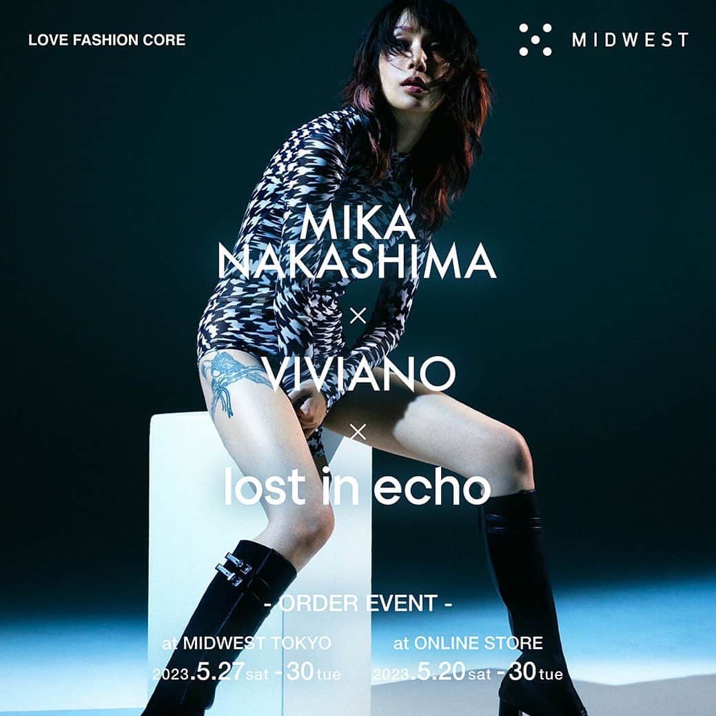 MIDWEST TOKYO WOMENのインスタグラム：「. -------------------------------------- MIKA NAKASHIMA×VIVIANO×lost in echo ORDER EVENTat MIDWEST -------------------------------------- @mikanakashima_official @vivianostudio @vivianosue @lostinecho_official  VIVIANOのデザイナー Viviano Sue氏と親交のある中島美嘉氏との プライベートな会話から生まれた本コレクション。 お互いが何度も会話を重ね、完成までに1年を費やしたアイテムに2人のこだわりを凝縮。 コレクションのテーマカラーはブラックとネイビー。そこにオリジナルのハウンドトゥース柄を入れ、ダークトーンな世界観にアクセントを加えた。 中島美嘉氏のエレガントでエッジが効いた特徴的なスタイルとVIVIANOが得意とするラッフルやチュールを用いたデコラティブなスタイルが見事に合わさったコレクションとなっている。 また、今回のコラボレーションではシューズとアクセサリーも展開。シューズとアクセサリーは中国·上海を拠点にするブランドlost in echoに製作を依頼。厚底のプラットフォームが特徴のシューズは、履いた時の美しさと歩きやすさを両立させるため、木型を何度も製作し調整を重ね、驚くほど快適な着用感を実現。ジュエリーはlost in echoのアイコニックなパールと蛇のモチーフを組み合わせたアイテムを中心に、随所に中島美嘉氏のエッセンスを散りばめた。  そんなスペシャルなコレクションアイテムをMIDWESTオンラインストア＆東京店で受注イベントを開催!! ぜひお見逃しなく。  ■受注期間 (オンラインストアは先行で受注会を開催)  ※オンラインストア 5月20日(土)12時～30日(火)20時まで  ※東京店 5月27日(土)～30日(火)まで 実際店頭でサンプルをすべてご覧いただけます。  全て受注生産となります。  ■開催店舗 場所：MIDWEST TOKYO 住所 東京都渋谷区神南1-6-1 営業時間 12:00-20:00 (日曜 11:00-19:00) @midwest_tw 電話番号：03-5428-3171  --------------- photography @usami_naoto styled @hayato_takada hair & make-up @junkokobayash  #MIKANAKASHIMAxVIVIANO  #MIKANAKASHIMAxVIVIANOxlostinecho #MIKANAKASHIMA #VIVIANOSTUDIO #VIVIANO  #lostinecho #ヴィヴィアーノ #イベント #ファッション #オーダーイベント」