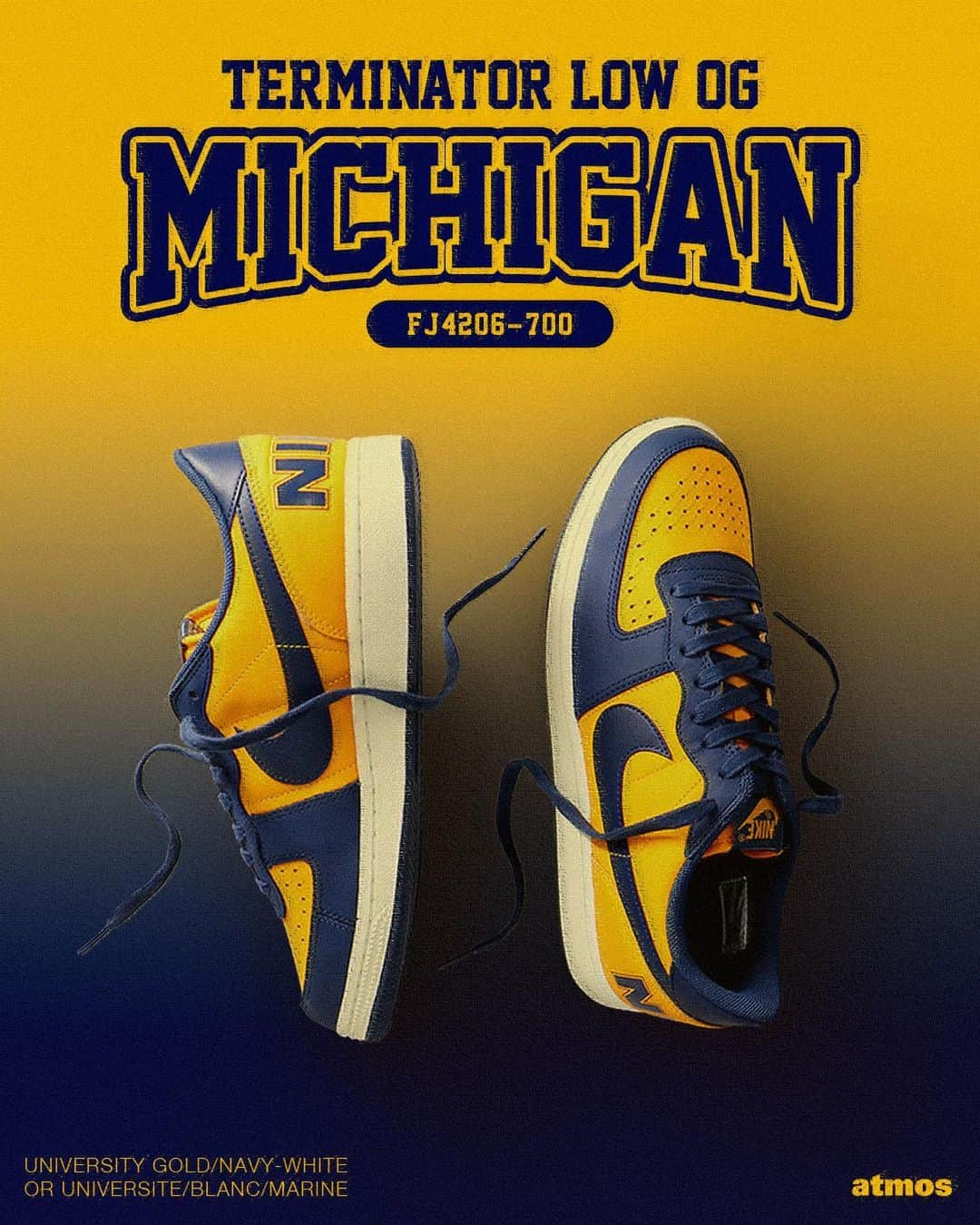 アトモスさんのインスタグラム写真 - (アトモスInstagram)「. NIKE TERMINATOR LOW OG "MICHIGAN"  伝説的カラーである米ミシガン大学のカレッジカラーを纏ったTERMINATOR LOW OGが登場。 1985年に発売された7色のオリジナルカラーのうちの1色からインスピレーションを得たこのモデルは、ミッドソールはホワイトで仕上げヒール部分にはビッグなNIKEロゴを配置し、バーシティスタイルを演出。2セットのシューレースは、ルックを切り替えることができます。 本商品は5月27日(土)よりatmos-tokyo.comにて抽選受付開始。6月1日(木)よりatmos 各店（一部店舗除く）、atmos オンラインにて発売致します。  Introducing the TERMINATOR LOW OG wearing the legendary college color of the University of Michigan. Inspired by one of the seven original colors released in 1985, this model has a white midsole and a large NIKE logo on the heel to create a varsity style. Two sets of laces let you switch between looks. This product will start accepting lotteries at atmos-tokyo.com from Saturday, May 27th. It will be on sale at atmos stores (excluding some stores) and atmos online from Thursday, June 1st.  #atmos#nike#terminator#michigan」5月25日 12時50分 - atmos_japan