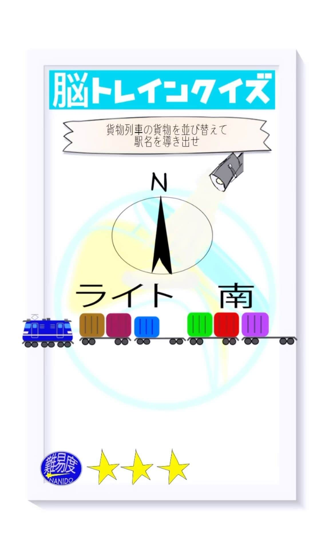 岡安章介のインスタグラム：「脳トレインクイズ！脳をトレインによせて考えてね。この駅はどこの駅かな？  【前回の答え】ワシの真ん中が「加山」 という事で「和歌山市駅」でした。  #ななめ45の45ch #ななめ45 #脳トレインクイズ  #脳トレクイズ #鉄道クイズ #おすすめにのりたい　#読み上げ機能使ってみた　#鉄道 #鉄道好きと繋がりたい」