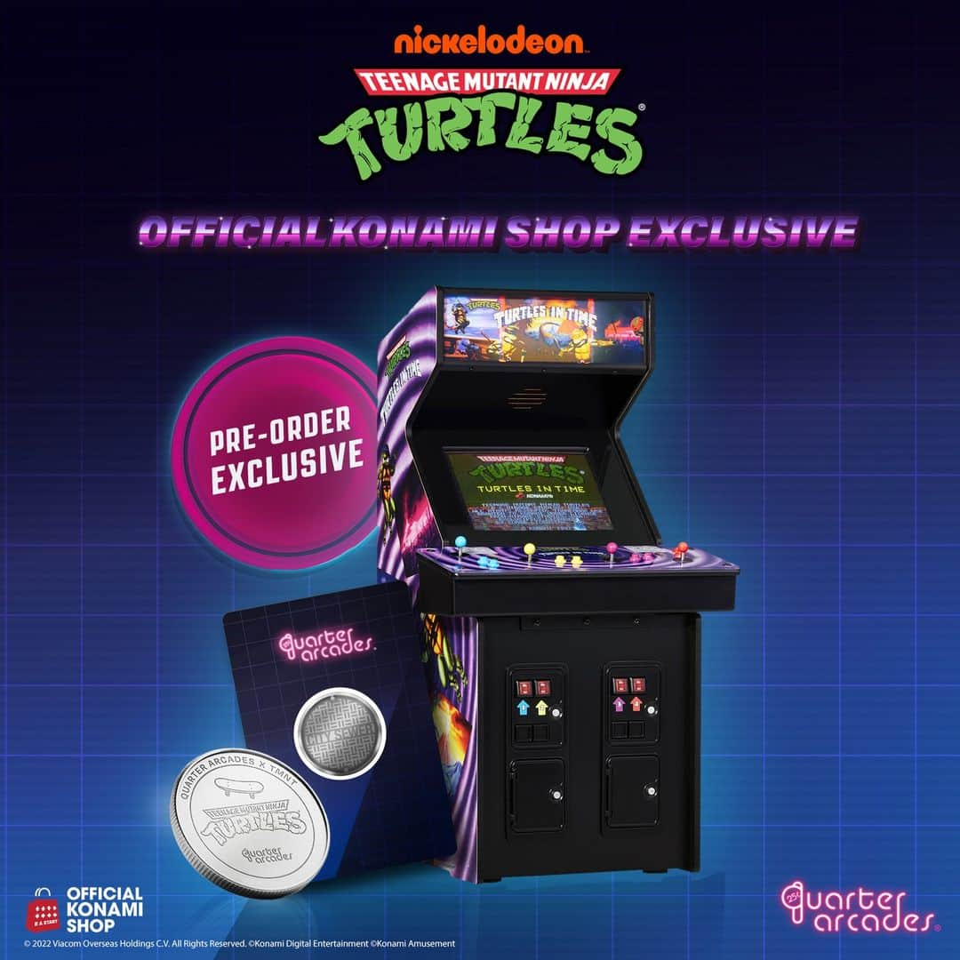 KONAMIのインスタグラム：「Fully playable arcade cabinets for TMNT Arcade and Turtles In Time are now available at the Official Konami Shop courtesy of  @numskulldesigns ! 🕹️   PRE-ORDER NOW and get an Exclusive Collectible Quarter with every order for a limited time only. 🪙  https://officialkonamishop.com/collections/teenage-mutant-ninja-turtles  #tmnt #tmntcowabungacollection」