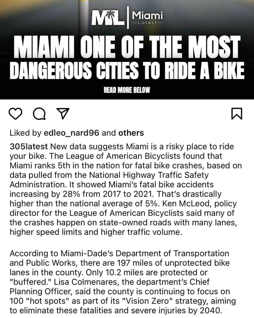 レイ・アレンのインスタグラム：「I live in Miami and I am a cyclist. I only ride on the weekends because there are less cars on the street. And, I do not ride on main thoroughfares as much as I can when I do ride. Riding during the week for me is a no no.  Miami has people coming from all of the world to party, to relax and to train so we see every culture and ethnicity. Somebody tell me what is being done to limit the amount of fatalities that take place on the streets for cyclists. South Florida needs dedicated space on the side of roads where people can move freely by foot, bike or big wheel without threat of being hit by a car. #timetolevelup #mia #cycling」