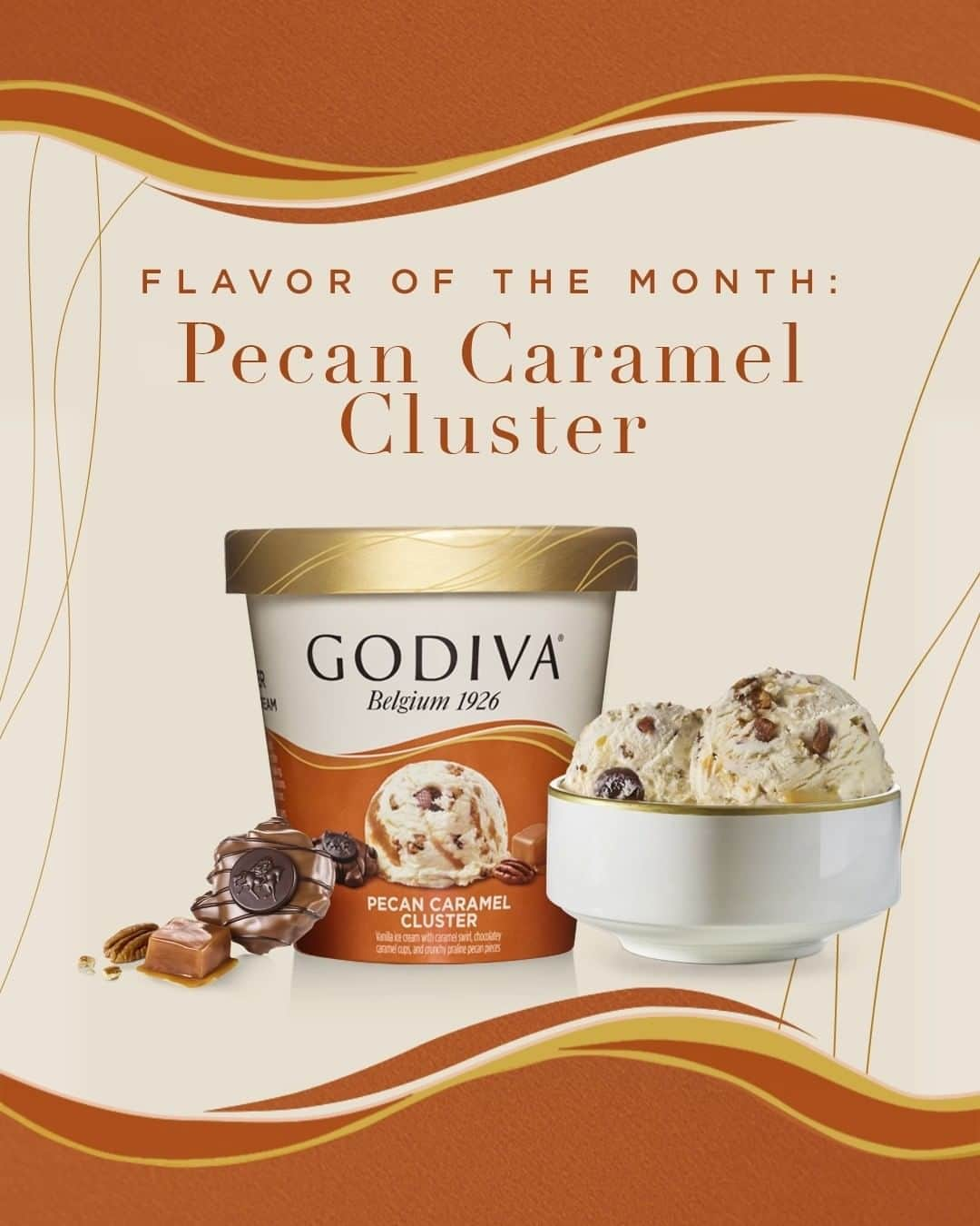 GODIVAのインスタグラム：「It’s here. 🎉 Pecan Caramel Cluster ice cream is the caramelly, chocolatey treat your taste buds have been waiting for. Find it in your local ice cream aisle at select retailers including Albertsons, Safeway, Kroger, and Publix!」