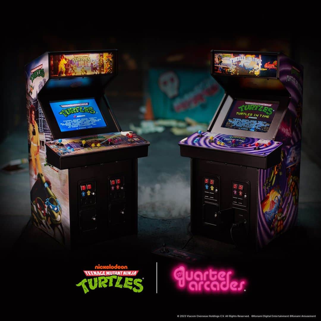 KONAMIのインスタグラム：「Cowabunga dude!  The Teenage Mutant Ninja Turtles make their Quarter Arcades debut on two 1/4 scale 4-player cabinets, courtesy of @NumskullDesigns  - TMNT Arcade - TMNT Turtles in Time  Pre-order at http://quarterarcades.com/ 🍕  #tmnt #tmntcowabungacollection」
