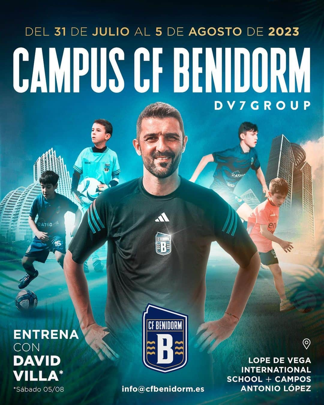 ダビド・ビジャのインスタグラム：「I edición del CAMPUS CF BENIDORM !!!   Inscripciones en el link de la biografía de @cfbenidorm !!!   🏟 Benidorm (Lope de Vega International School y campos Antonio López) 🗓 31 julio-5 agosto (INTERNO Y EXTERNO) ℹ +INFO: info@cfbenidorm.es ⌛ ¡Plazas limitadas!   #AmuntCFBenidorm」