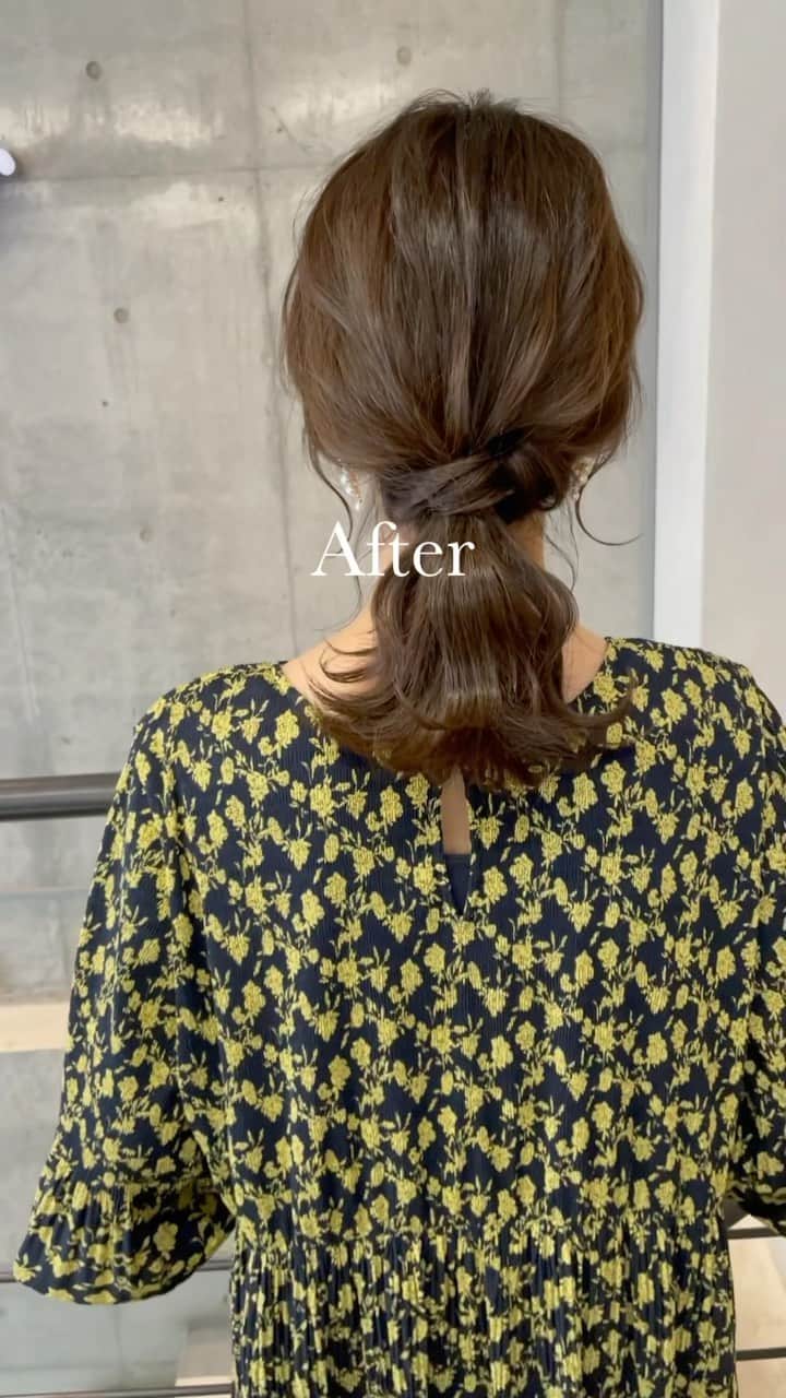 吉田達弥のインスタグラム：「お客様 Before After ✨  cut ✂︎ 鎖骨下ミディアムで 巻きやすくてまとまるレイヤーを入れました✂︎  color ミントグレージュカラーで 赤みを抑えてツヤ出しました✨  styling 32ミリのコテで外ハネと 表面のレイヤーを内巻きワンカール💫  hair arrange 顔まわりをスッキリさせたので、 おくれ毛を残したポニーテールアレンジにしました👏  #ヘアアレンジ　#カット　#ヘアカラーベージュ  #ミントカラー  #レイヤーカットロング  #おくれ毛　#編み下ろし  #ヘアアクセサリー」