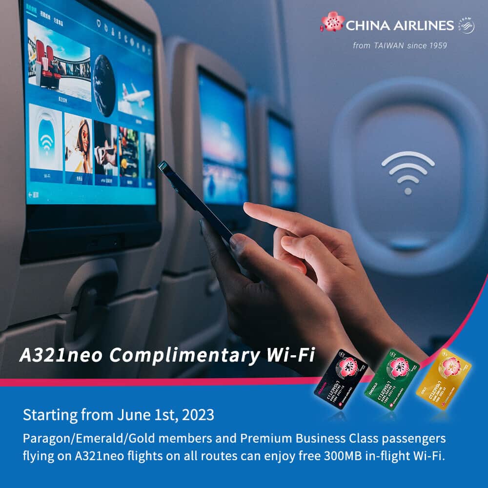 日本地区チャイナ エアラインさんのインスタグラム写真 - (日本地区チャイナ エアラインInstagram)「【A321neo 無料機内Wi-Fi】  旅のひと時をさらにお楽しみいただきたく、A321neo無料機内Wi-Fiキャンペーンを実施✨　300MBの機内Wi-Fiを無料でご利用いただけます。📶 😍  適用開始： 2023年6月1日～ 適用機材： A321neo 対象のお客様： 🌼DFPパラゴン/エメラルド/ゴールド会員の方 🌼プレミアムビジネスクラスをご利用のお客様  旅先での素敵な瞬間をご家族やご友人とリアルタイムで共有できるだけでなく、機内で最新の情報を入手することも可能です。 快適で上質な空の旅をお楽しみください💖  詳細はこちら👉  https://pse.is/4ye4hw  使用機材の検索はこちら👉 https://reurl.cc/Ye175o ※予告なく変更される場合がございます。  ＜公式HP＞ https://goo.gl/vif8Qp  #chinaairlines #中華航空 #台湾 #台湾旅行 #台湾好きな人と繋がりたい #A321neo  #  ---------------------------------------------------------------------------------- DFPに入会するとバースデーディスカウント等のうれしい特典が盛りだくさん！ ご入会はコチラ👉　https://bit.ly/3YIQ7cl」5月25日 19時00分 - chinaairlines.jp