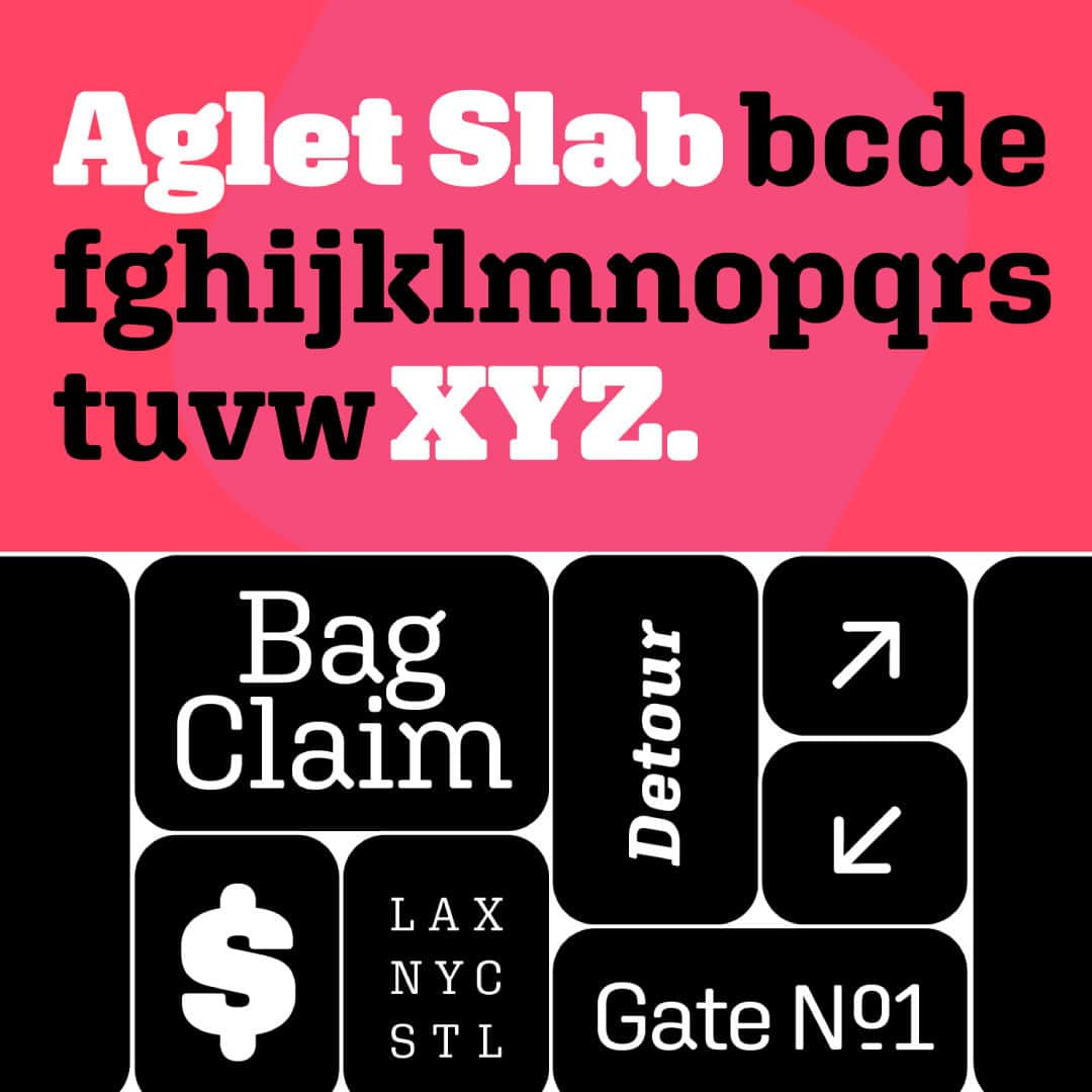 myfontsのインスタグラム：「Roundness is the heart of Aglet Slab’s structure—by XYZ Type. Sharp serifs & repeated geometric shapes find variety in a strategic hierarchy of curves, from subtly cushioned points to abrupt circular ends. A friendly high-tech tone when used prominently, but stays crisp & nimble in longer texts. Shop now on MyFonts 🎉」