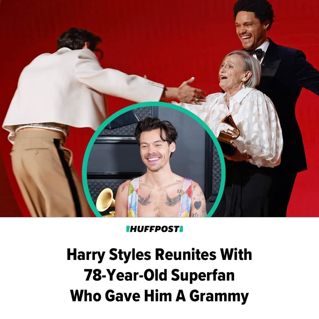 Huffington Postさんのインスタグラム写真 - (Huffington PostInstagram)「Nearly four months after the Grammy Awards, Reina Lafantaisie’s love for Harry Styles is still burning brightly.⁠ ⁠ Lafantaisie, a self-proclaimed “superfan” who presented Styles with his Album of the Year Grammy for “Harry’s House” in February, was reunited with the pop star after she attended his Monday concert in Coventry, England.⁠ ⁠ The 78-year-old said she and her family were invited backstage following the performance, where Styles greeted her with a hug.⁠ ⁠ “He is the most caring humble and down to earth person and such a great sense of humor,” Lafantaisie wrote on Instagram alongside a pair of photos that captured the moment for posterity. “His smile and joie de vivre lit up the room!”⁠ ⁠ She also shared a short video of their interaction, showing Styles crooning a few bars of Peaches & Herb’s 1978 classic, “Reunited.”⁠ ⁠ Watch the video at our link in bio. // // 📷 Getty Images // 🖊️ Curtis M. Wong」5月25日 22時30分 - huffpost