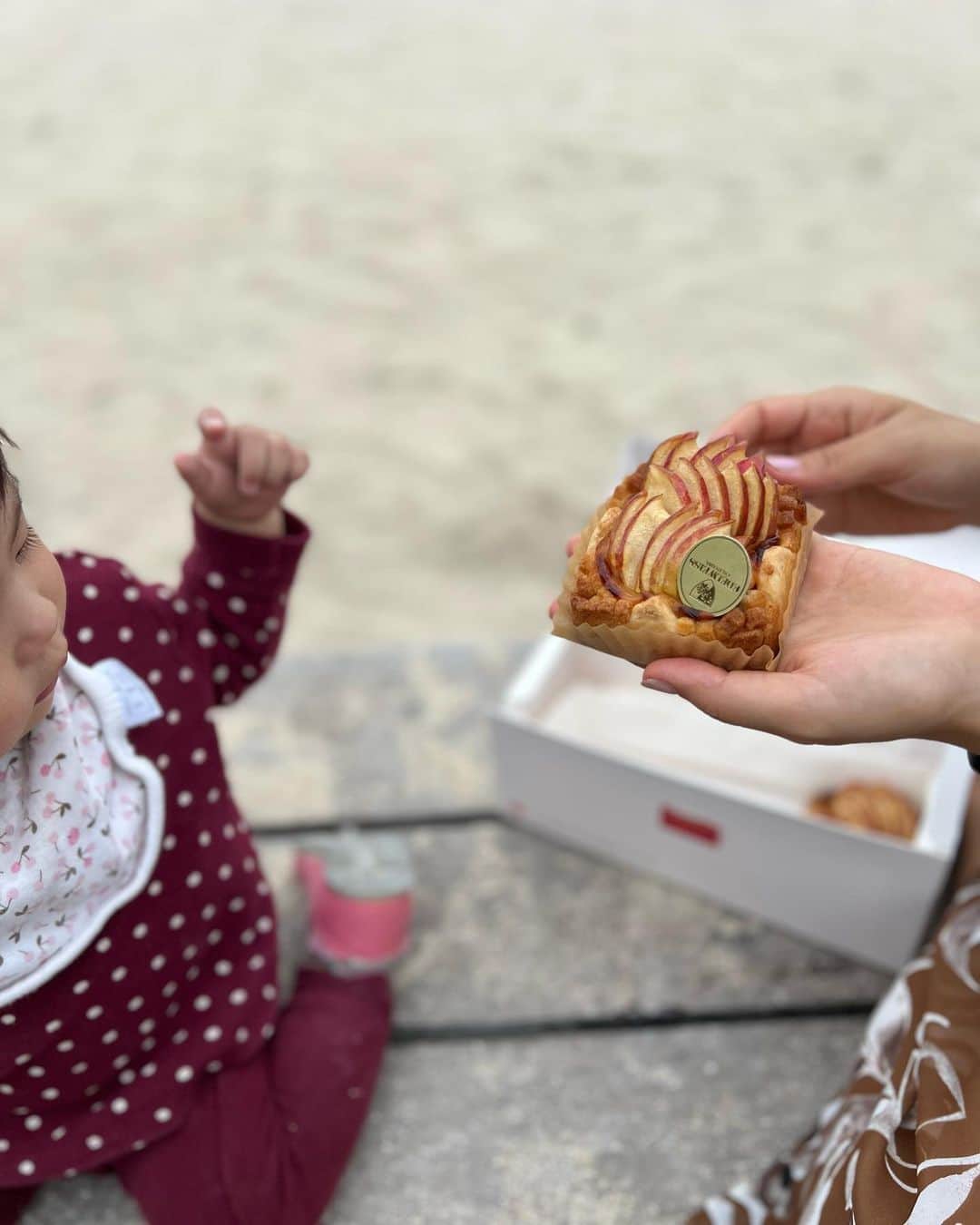 長嶺菜菜子さんのインスタグラム写真 - (長嶺菜菜子Instagram)「【好きなものを好きな場所で】 ⁡ 1歳2ヶ月のあおいは すでにスイーツに目がない ⁡ そんなあおちゃんを連れて デパートリウボウの催事 「おいしいパンとコーヒー」へ🥐☕️ ⁡ そこで エーデルワイスのアップルパイを購入🍎 @edelweiss.okinawa  ⁡ 店内でイートインしたかったけど、 動き回るあおちゃん😂 ゆっくりしていられないから リウボウから1番近いビーチへ直行🚗 ⁡ お外が好きなあおいは ビーチに来れて嬉しそうで ⁡ 更にアップルパイを見せると すぐに食べたい食べたい！して テンションがあがって すぐに手が伸びてた😂 ⁡ これが甘くて美味しいものって よくわかるよね😂👏 ⁡ ⁡ このアップルパイ りんごの王冠のようで 見た目がめちゃくちゃゴージャス👑🍎 ⁡ ごろっとリンゴが入っていて 満足感が半端ない😋 ⁡ あおいは、何でも持ちたがる時期だから 砂にワシャーってしないかヒヤヒヤした😂 ⁡ 家でゆっくり食べるのも良いけど、 海を見ながらのスイーツも 最高だった🤍 ⁡ ⁡ ⁡ 「おいしいパンとコーヒー」の催事は デパートリウボウで5/29まで やってるよ🥐🤤☕️ ⁡ 色んなお店が集結しているから 好きなものに出会えるかも🤍 ⁡ ＿＿＿＿＿＿＿＿ #好きなもの #スイーツ好き #1歳2ヶ月 #甘いもの好き #育児記録 #育児日記 #エーデルワイスアンバサダー #沖縄スイーツ」5月25日 22時53分 - na7co0422