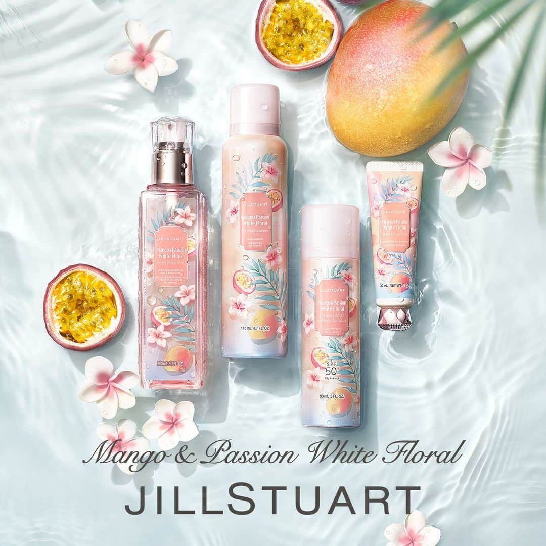 JILLSTUART BEAUTYのインスタグラム：「JILL STUART Lifestyle Limited Items 〜Tropical Dreamy Paradise〜 2023年6月16日(金)より発売 2023年6月2日(金)より予約開始  目を閉じると、 まるで南の果ての楽園にいるよう。  マンゴーのとろけるように芳醇な香りと パッションフルーツの甘酸っぱい香りが 清らかな花々の香りに加わって、 遠い南の国へと、心を誘います。  マンゴー＆パッション ホワイトフローラルの ほとばしるように甘い香りをたたえた 限定のボディケアアイテムで、 この夏を余すことなく楽しんで。  #jillstuart #jillstuartbeauty #ジルスチュアート #ヘッドシャワー #頭皮ケア #ハンドエッセンス #ハンドケア #エブリシングミスト #ミストローション #UVプロテクター #UVケア #日やけ止め #トロピカル #マンゴー #パッションフルーツ #ホワイトフローラル」