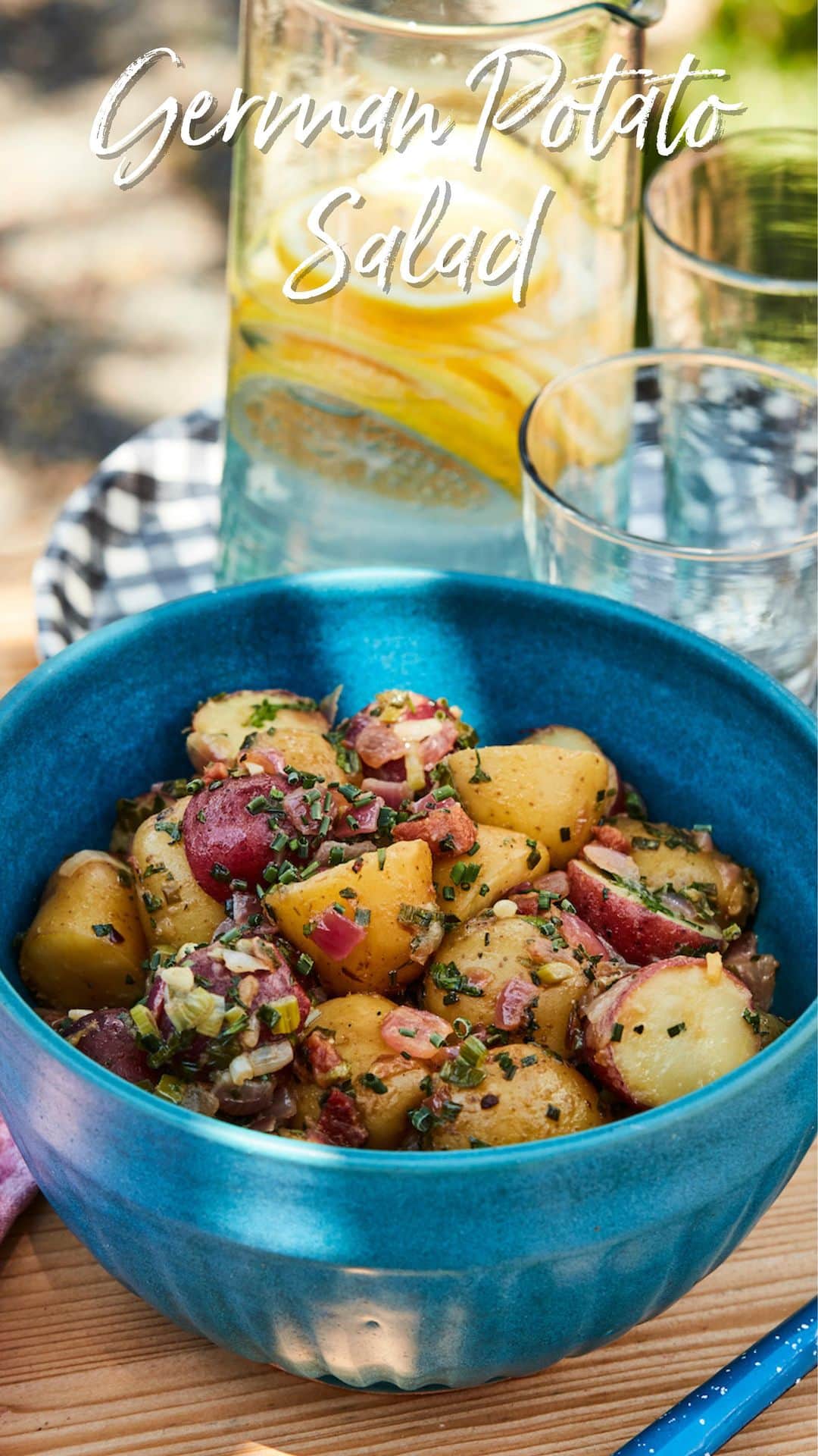 のインスタグラム：「Omi has a multitude of recipes on WGC but this mayo-less German potato salad is one of the best! It should be your go-to all summer long. https://whatsgabycooking.com/german-potato-salad/」