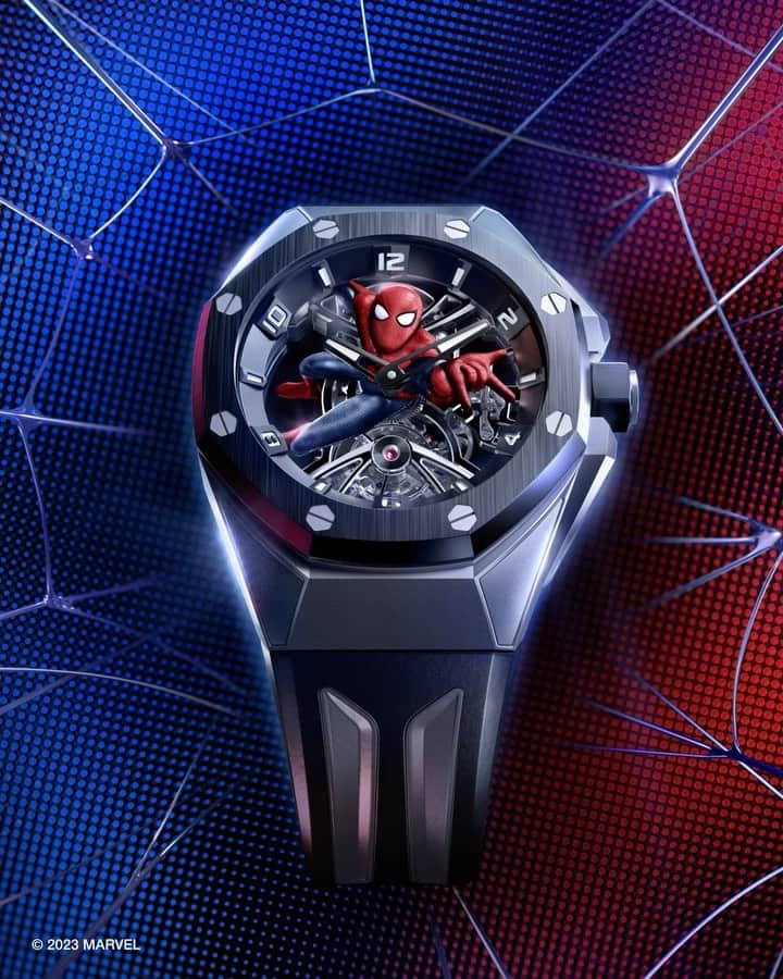 オーデマ・ピゲのインスタグラム：「Audemars Piguet & Marvel take Haute Horlogerie to new heights!  Introducing the second edition of our @marvel Super Hero watch series, the all-new Royal Oak Concept Tourbillon “Spider-Man” limited to 250 pieces.   Ref. 26631IO.OO.D002CA.01 #AudemarsPiguet #APxMarvel #RoyalOakConcept」
