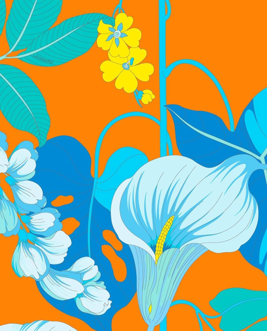 のインスタグラム：「Fleurs turquoise et orange brûlant, un été inoubliable chez LEONARD ** Turquoise flowers and burning orange, an unforgettable summer at LEONARD  ​​#LeonardParisSS23 #SpringSummer23 #SS23 #inspiration #PrintLeonard」