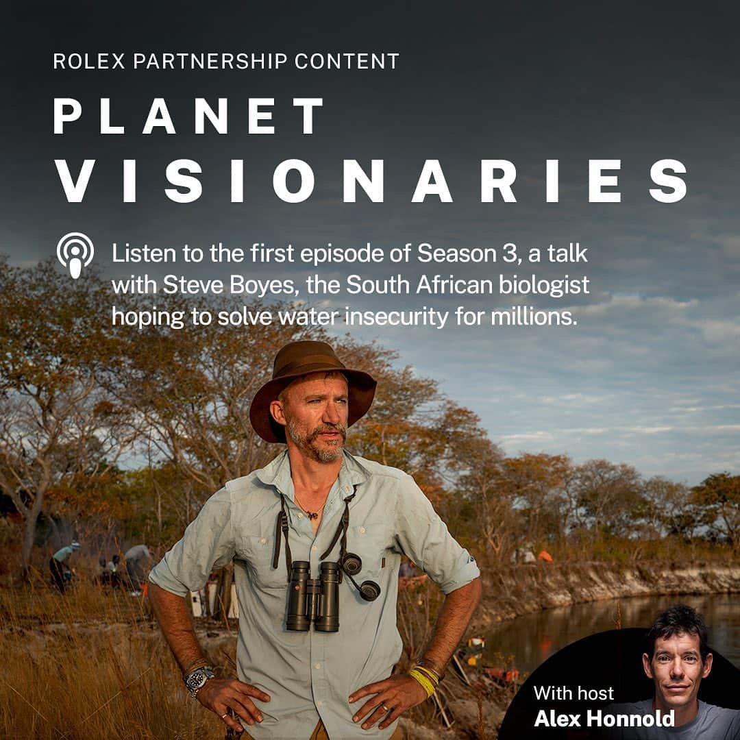 アレックス・オノルドのインスタグラム：「Season 3 of “Planet Visionaries” is live! In the first episode, I talk to @drsteveboyes, a conservationist who is leading expeditions through Africa’s rivers in search of a solution to water insecurity. Click the link in my bio to listen now! #RolexPartnershipContent @rolex #PerpetualPlanet」