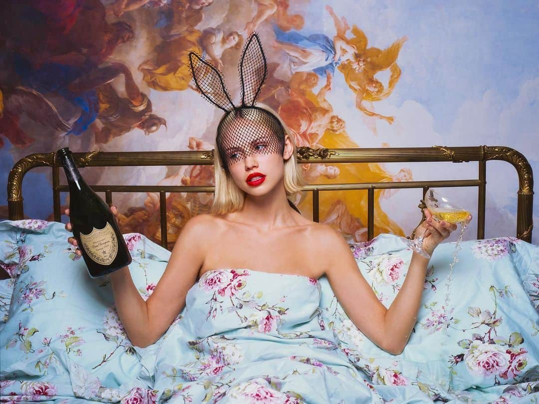 タイラー・シールズのインスタグラム：「An image can be a different story to each person who looks at it we see process of ourselves in the glamour jd moments of when we did the thing people only do in books or films. This is a new work titled The bunny in bed with champagne, from the Indulgence series. Where would you hang this print?」