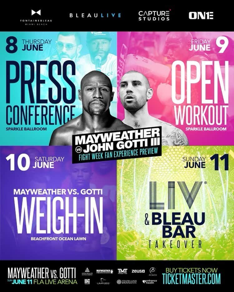 フロイド・メイウェザー・ジュニアのインスタグラム：「Miami- Fight Week events will ALL be held at The Fontaine Bleau!! Come see me live at the home of Last Names Matter. Mayweather Vs. Gotti III」
