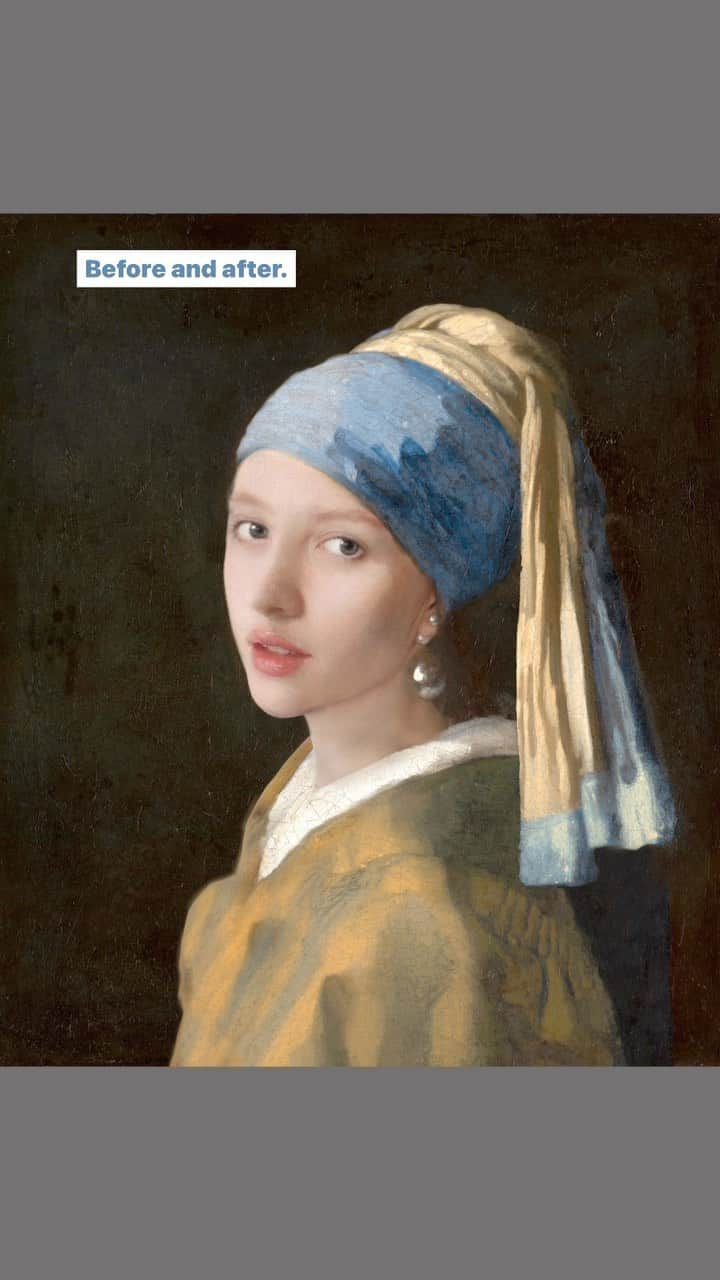 ベッキー・クルーエルのインスタグラム：「how I made it! 💫 girl with a pearl earring 💭 I love doing these painting recreations/transformations 🤭  #arthistory #beforeandafter #ukartist #girlwithapearlearring」