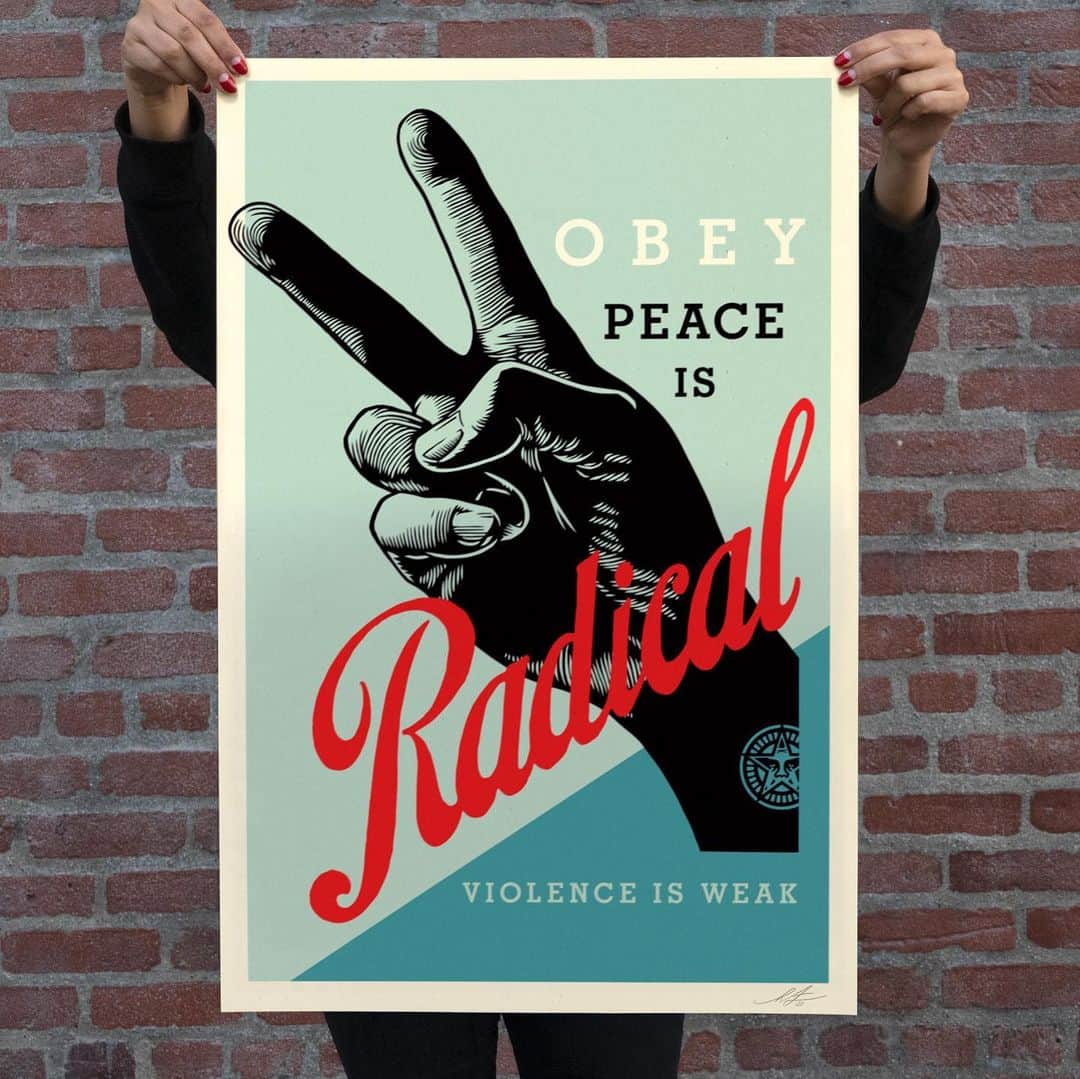 Shepard Faireyのインスタグラム：「The offset editions of "Radical Peace" and "Lotus Angel" are available today! These new offset editions are based on art I've created previously. For Radical Peace, my aim with the art was to encourage people to use diplomacy and creativity to find mutually beneficial solutions to problems rather than using violence as the first reaction to conflict. For the other print I'm releasing, I created the Lotus Angel to inspire hope, compassion, and resilience in the face of adversity. For those interested, they are live on my site for purchase. Thanks for caring! –Shepard  P.S. Share your wall art! Tag #ObeyWallArt to be featured!  PRINT DETAILS: Radical Peace & Lotus Angel. 24 x 36 inches. Offset print on thick cream Speckletone paper. Signed by Shepard Fairey. Open edition (unnumbered). $35. Max order: 3 per customer/household. International customers are responsible for import fees due upon delivery (Except UK).⁣ ALL SALES FINAL.」