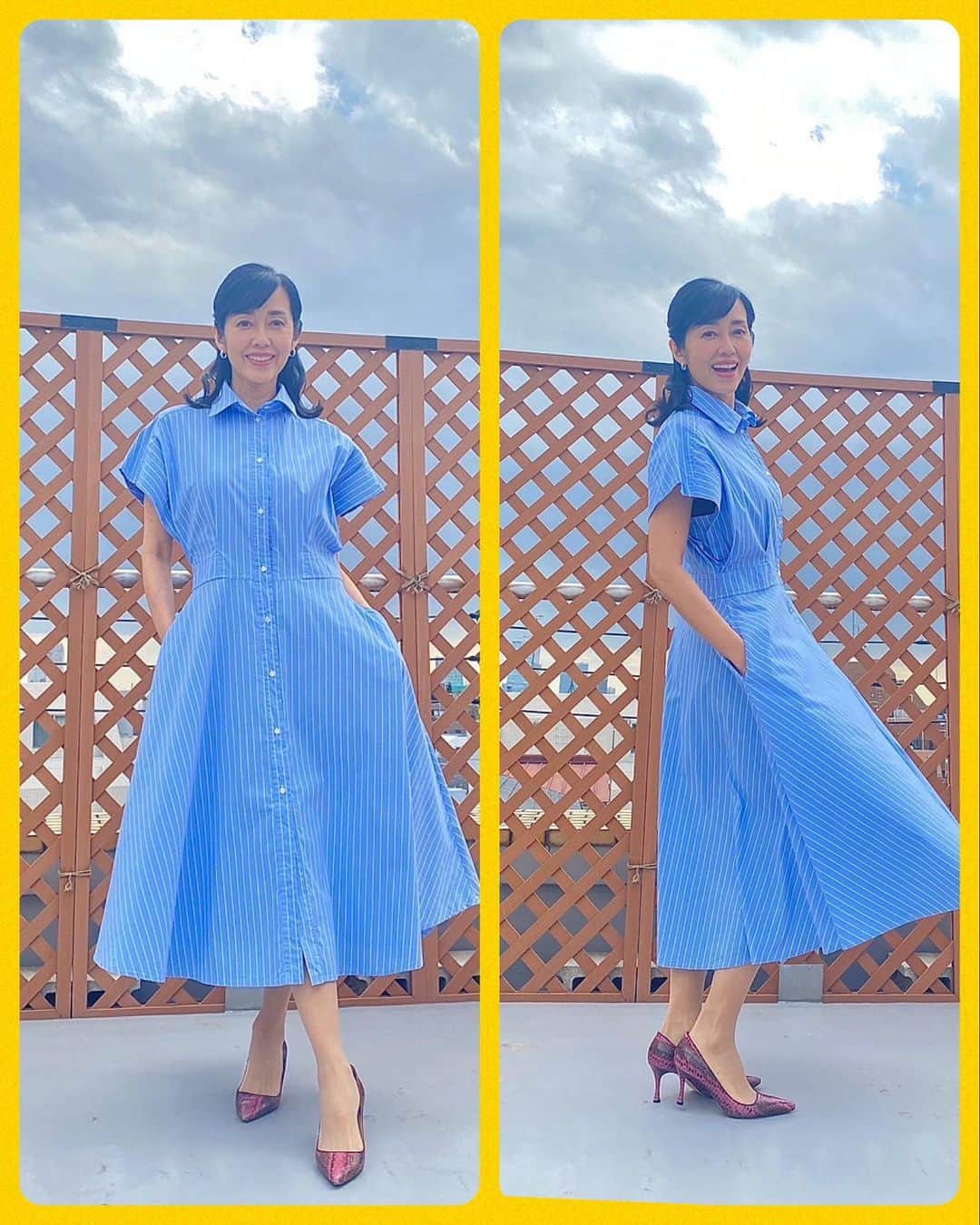 早見優のインスタグラム：「Summer fashion I love this A-line skirt silhouette dress!  #summer #summerdress #blue #fashion #夏 #夏コーデ #ワンピースコーデ #ワンピース  #19.70」