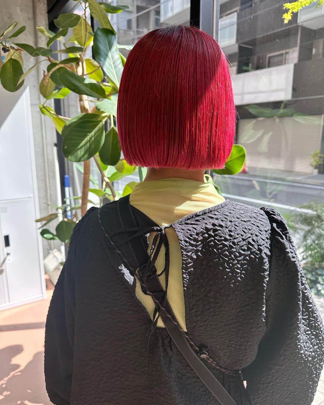 Yanagihara Hirokiのインスタグラム：「ファッションに合わせたカラーリングで bob +RED ・ ・ 今回は根元の伸びた部分は明るくしないで黒を残しつつ赤に ・ #ボブ#赤髪#根元残し#シンプルボブ#切りっぱなしボブ#ナチュラルボブ  #キャンペーン#美容室#ヘアサロン#ボブ#ハンサムショート#ショートヘア#ケアブリーチ#ブリーチカラー#切りっぱなしボブ#外ハネボブ#マッシュショート #ブロンドヘア#表参道#フェイスレイヤー  #1dk #ワンディーケー #アイディーケー  #1dkスタイリングオイル #1dkスタイリングソルベ #1dkスタイリングドロップ #lala_hair」