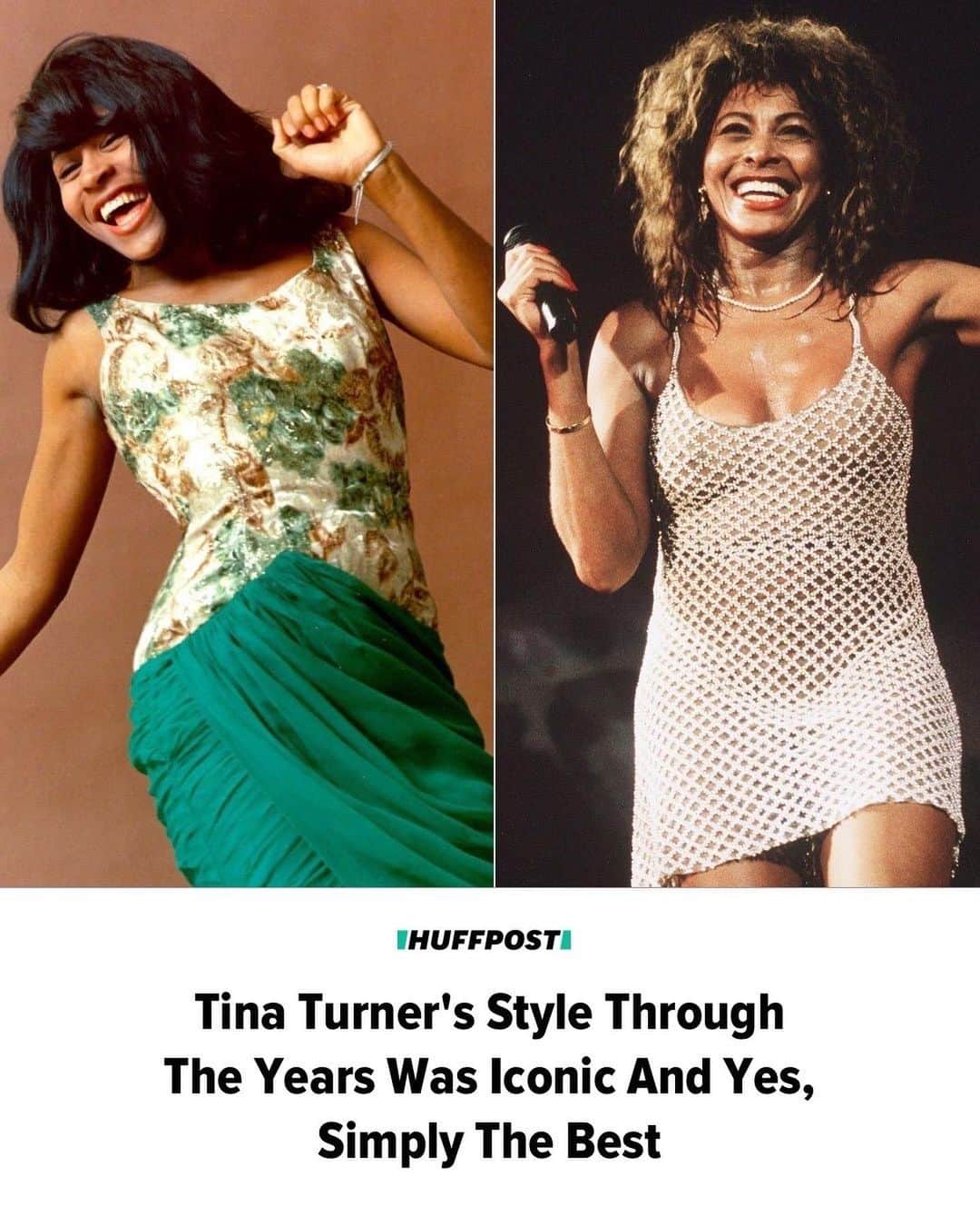 Huffington Postのインスタグラム：「Tina Turner, the legendary rock and R&B singer who started off in the Ike & Tina Turner Revue before launching a successful solo career, died Wednesday at 83 at her home near Zurich, Switzerland.  Turner was known for her roaring, raspy voice ― a voice that led to her being inducted into the Rock & Roll Hall of Fame not once, but twice. But her image was equally unparalleled: The fringe! Those legs! That swagger that even Mick Jagger couldn’t best!  Of course, fashion had a lot to do with her image as well: The woman widely known as the “Queen of Rock ‘n’ Roll” rocked everything from sequined minidresses to mod leather miniskirts and, in later life, even some completely sheer jumpsuits (and this was before “naked dresses” were a red carpet staple).  [1] Turner performing in Texas in 1961. ⁠ [2] A 1969 portrait of Turner and her ex-husband, Ike Turner. ⁠ [3] Turner in a fur coat for a 1975 promo shot. ⁠ [4] Turner in a white suit and fedora in Los Angeles, California in 1977.  [5] Turner posing in a winged-costume for a promo shot in in 1977. ⁠ [6] Turner performing in Bob Mackie-designed bodysuit in 1979. ⁠ [7] Turner performing at Radio City Music Hall in 1991.  See more of the fashion icon’s most unforgettable looks at our link in bio. // 📷 Getty Images // 🖊️ Brittany Wong and Dana Oliver」