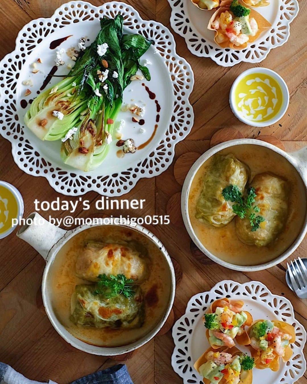 YASUKO TAKESUEのインスタグラム：「. こんばんは☺️💕. 今日の晩ごはん… . . . ⭐️ロールキャベツ ⭐️青梗菜とカッテージチーズのホットサラダ ⭐️春巻きの皮のカップサラダ海老とアボカドと卵 ⭐️かぼちゃスープ . . .  #晩ごはん#晩御飯#晩ご飯#夜ごはん#よるごはん#夕食#おうちご飯#うちご飯#おうちご飯lover#おうちご飯記録#食卓#手料理#手作りご飯#料理写真#器好き#器集め#献立#家庭料理#food#foodpic#foodstagram#foodphotography#followme#instagood」