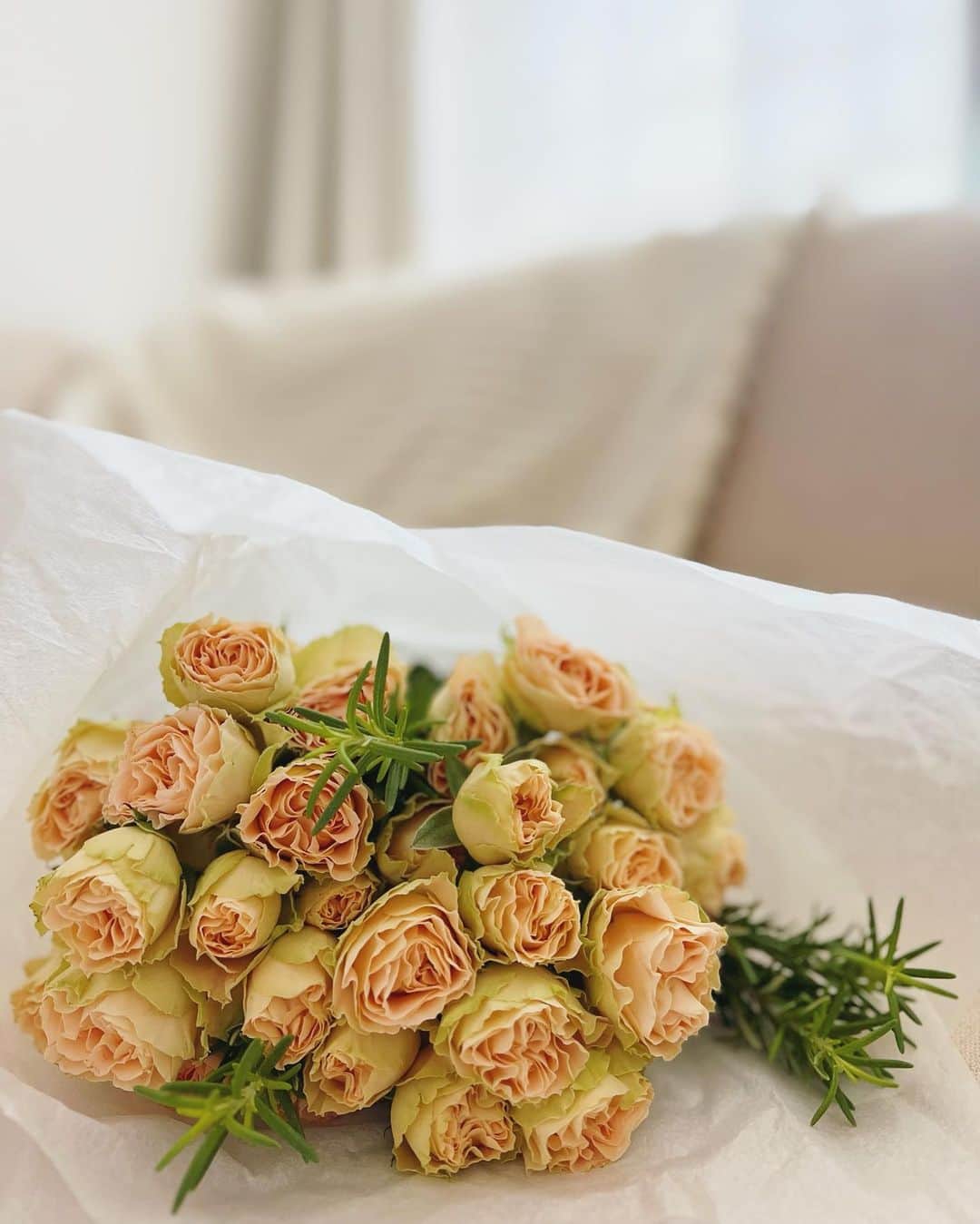 細田海友さんのインスタグラム写真 - (細田海友Instagram)「月に一度のお花の定期便💐 @moafura_official   今月のお花はアンティークレースと ローズマリー🧡🧡🧡  アンティークレースの花言葉は 『あなたを癒してあげる』 『元気を出して』  淡いオレンジで優しい印象を与えてくれる アンティーク調なお花でとっても気に入りました🥰 花言葉の通り癒される色合い🥹💕  何よりローズマリーの良い香りが お部屋いっぱいに広がるぅ🌿💓  薔薇とローズマリーを合わせる発想が 私にはなかったのでプロの方の発想力はすごい！！😳  毎回思うけどお花があるだけで 本当にお部屋の明るさも雰囲気も 気持ちも変わります💗✨✨✨  お花のある暮らし💐 みんなも始めてみませんか？🥰  #moafura #モアフラ#お花の定期便#お花のある暮らし#花束#バラ花束#バラ定期便 #バラサブスク #バラギフト#お花#Flowe#お花好きな人と繋がりたい#アンティークレース#ローズマリー」5月26日 10時39分 - miyuu_bigbaby