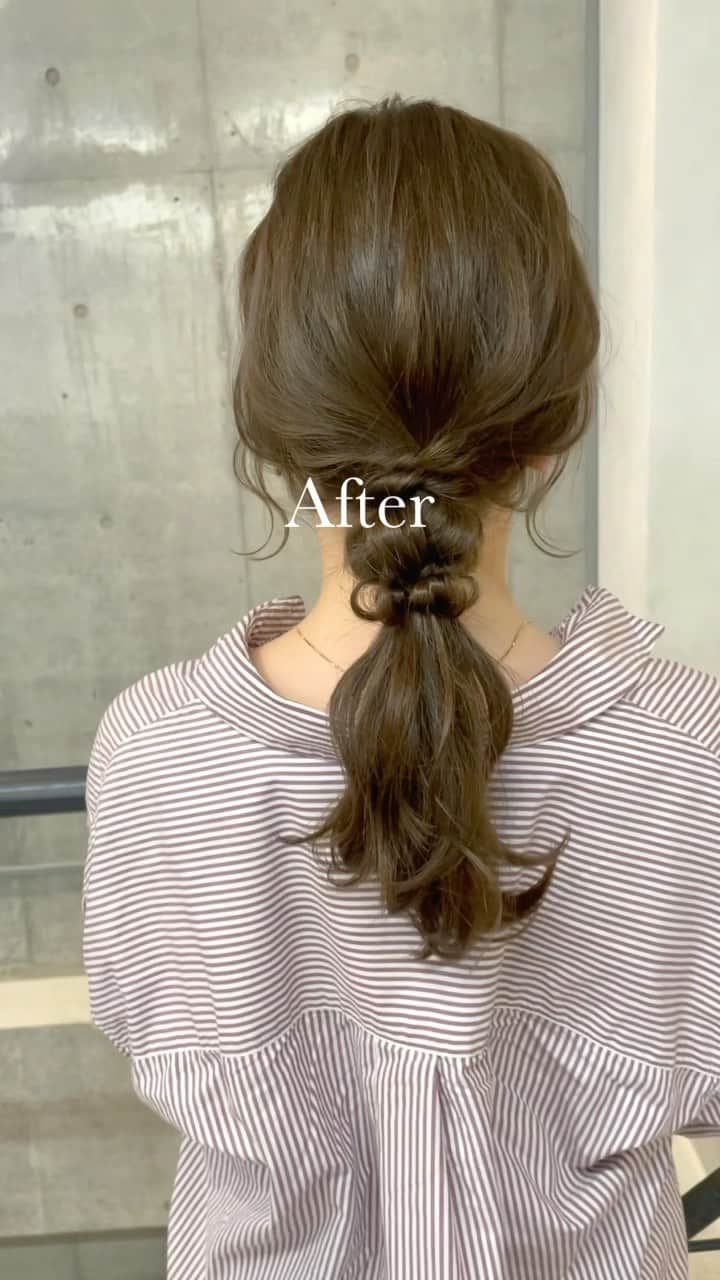 吉田達弥のインスタグラム：「お客様 Before After ✨  cut ✂︎ 長さキープで整えて もみあげはS字にカット✂︎  highlight 赤みを取りたいので シークレットハイライトしました✨  color ミントベージュカラーで夏寄りのカラーにしました☀️  hair arrange 結び目にポコっとしたアレンジにしたかったので 玉ねぎとゴム隠しでポコっとさせました👏 （語彙力笑)  #ヘアアレンジ　#カット　#ヘアカラーベージュ  #ミントカラー  #レイヤーカットロング  #おくれ毛　#編み下ろし  #ヘアアクセサリー」