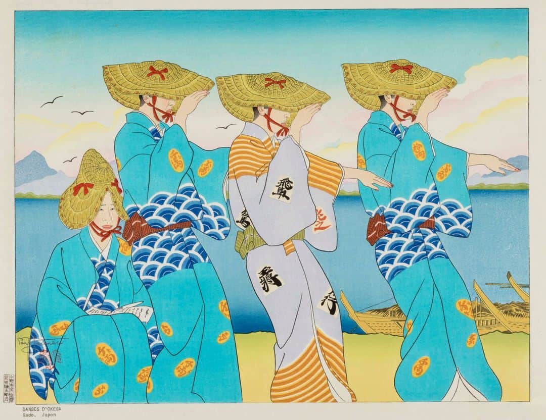 フランス大使館のインスタグラム：「色使いが素敵なこの作品は、フランス人 #ポール・ジャクレー の作品です。黒田清輝等から油絵を学び、浮世絵や歌舞伎等の伝統的な日本文化にも精通していたジャクレーは、日仏文化の融合した独自の伝統的木版画を生み出しました。  唯一無二の色彩感覚をもつフランス人浮世絵師ポール・ジャクレーの企画展が6月3日（土）から7月26日（水）まで、東京の太田記念美術館で開催されます。  Ⓒポール・ジャクレー「おけさ踊り、佐渡」（個人蔵）前期展示」