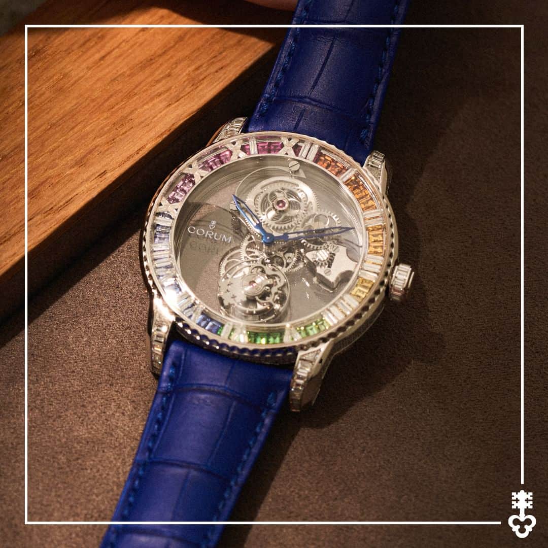 コルムのインスタグラム：「Corum presents a unique timepiece, the Heritage Romvlvs 44 Billionaire, that is exclusive to @sincerefinewatches.   Expressing a form of creativity that is daring yet timeless, the watch features a skeletonized sapphire crystal and an open back to reveal an unobstructed view of the complication; and the hand-set baguette-cut diamonds and multicolor sapphires all over demonstrate Corum's aesthetic expertise.  Discover more: bit.ly/Romvlvs-SHH-exclusive   (Ref. R374/04335)  #Corum #CorumWatches #CorumHeritage」