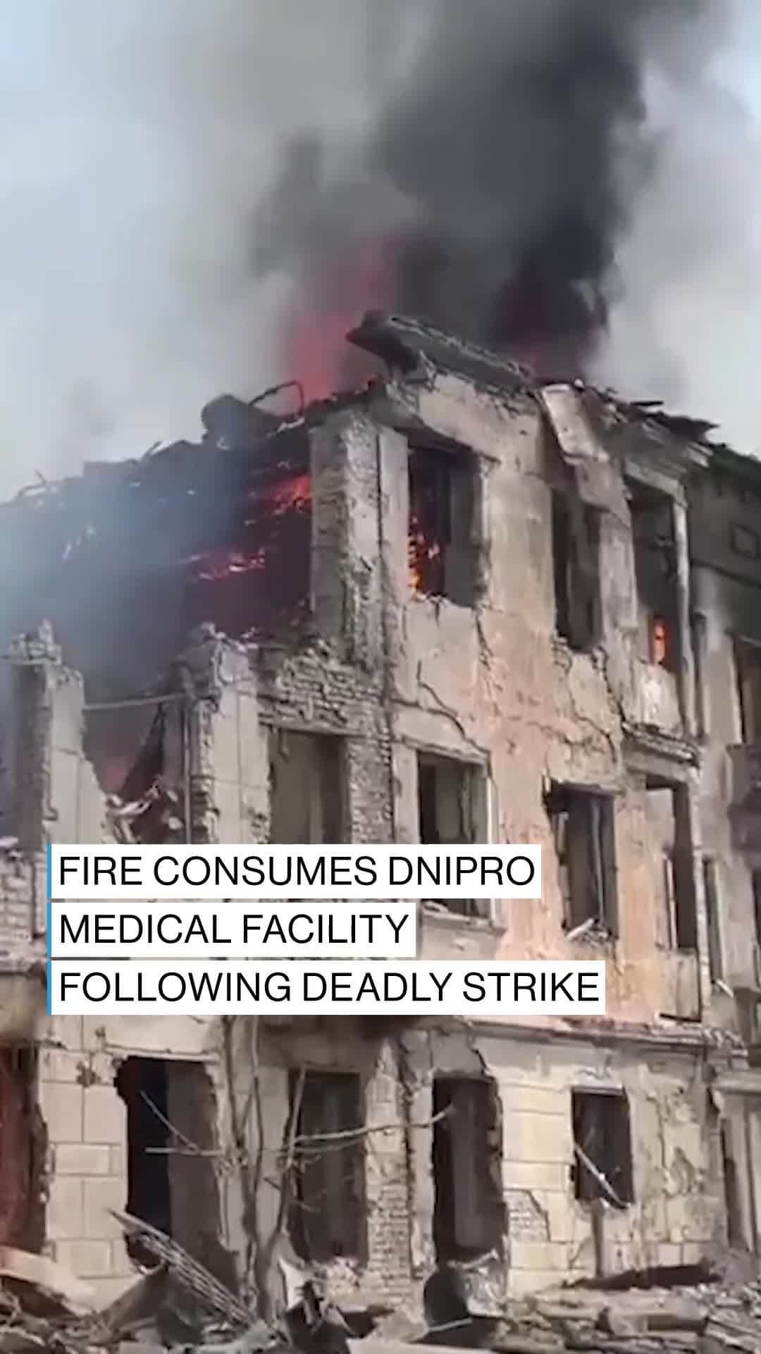 ABC Newsのインスタグラム：「A medical facility in Dnipro was engulfed in flames following a strike that killed at least 2 people and injured dozens. MORE AT LINK IN BIO.」