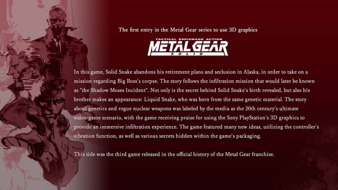 KONAMIのインスタグラム：「📕Story Introduction | METAL GEAR SOLID  The largest terrorist attack in history took place on Shadow Moses Island off the coast of the Fox Islands in Alaska. In order to suppress it, top-secret orders are given to legendary soldier Solid Snake...  #MetalGearSolid #MGSVol1 #MG35th」