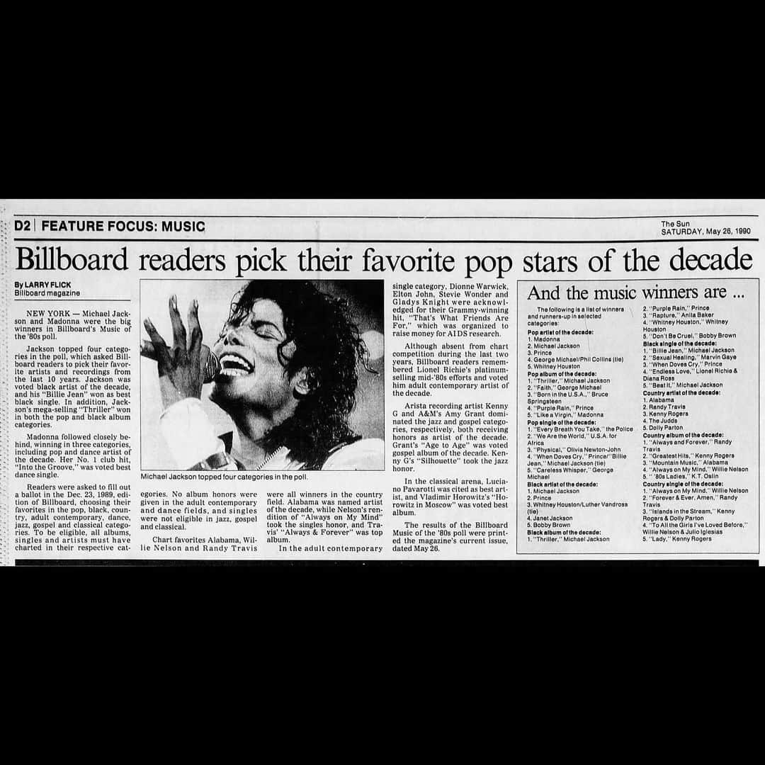 マイケル・ジャクソンのインスタグラム：「On this date in 1990, Billboard revealed the results of their 1st ever “Decade-End Reader Poll” covering the 1980s. Michael won the most categories of any artist, a total of 4, driven by the success of “Thriller” which was voted both the best pop and Black album of the decade, with “Billie Jean” scoring best single.」