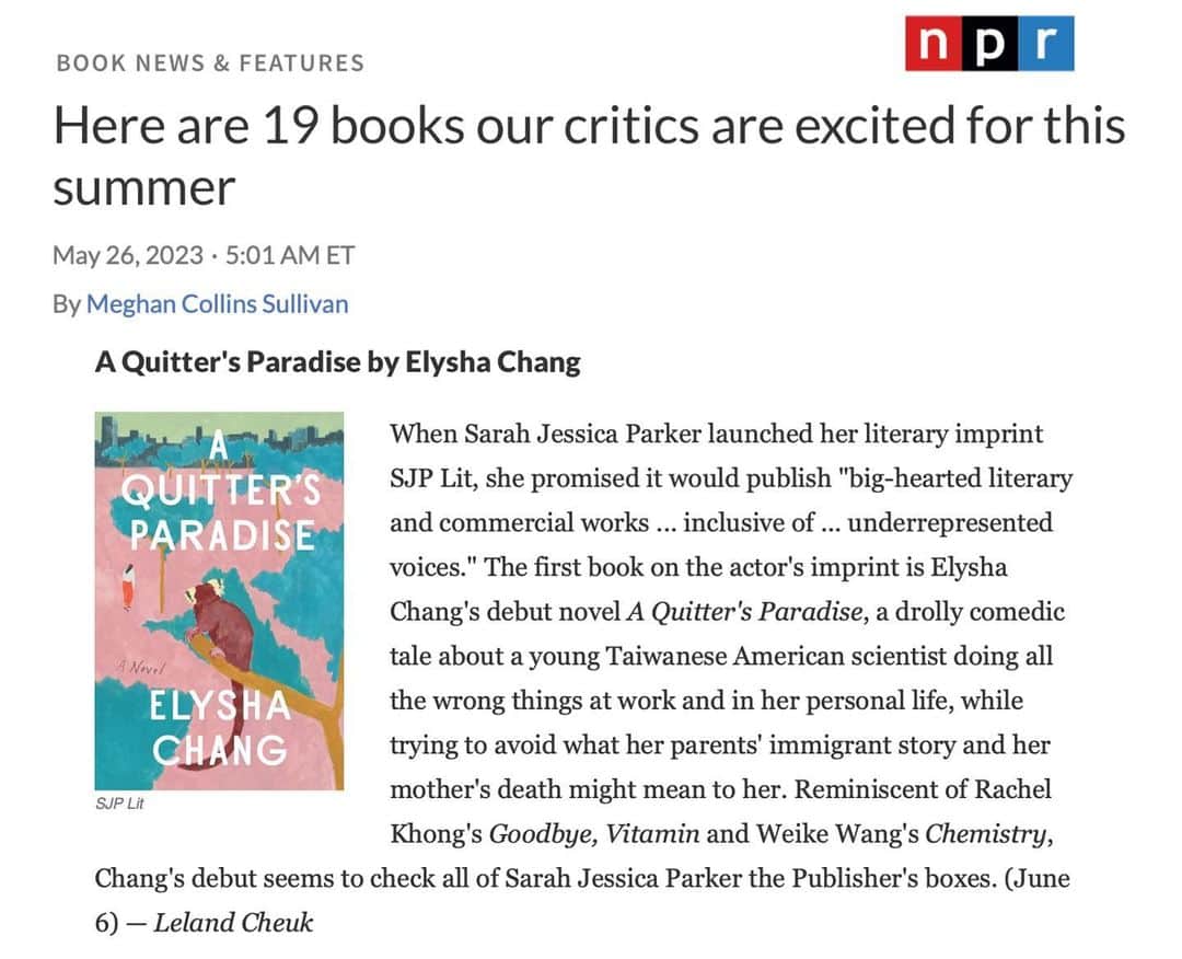 のインスタグラム：「It’s so thrilling to see so much enthusiasm and support for Elysha Chang’s debut, A Quitter's Paradise. We have felt the same for so long and are delighted that at last readers will have this wonderful title in their own hands. Available for pre-order now (details at @sjplit!) and officially available on June 6th at your local independent booksellers, libraries and anywhere else you find your books. Happy reading and enjoy the discovery of this wonderful new author!!! X, SJ」