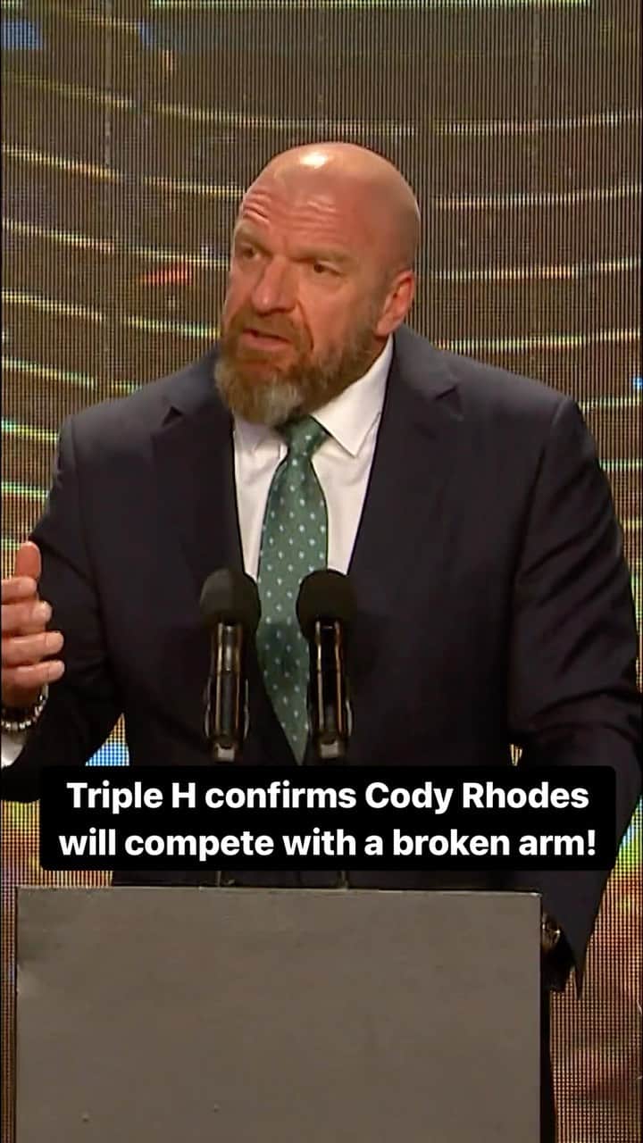 トリプルHのインスタグラム：「@tripleh has confirmed that @americannightmarecody has a broken arm, but is cleared to compete against #BrockLesnar tomorrow at #WWENOC!」
