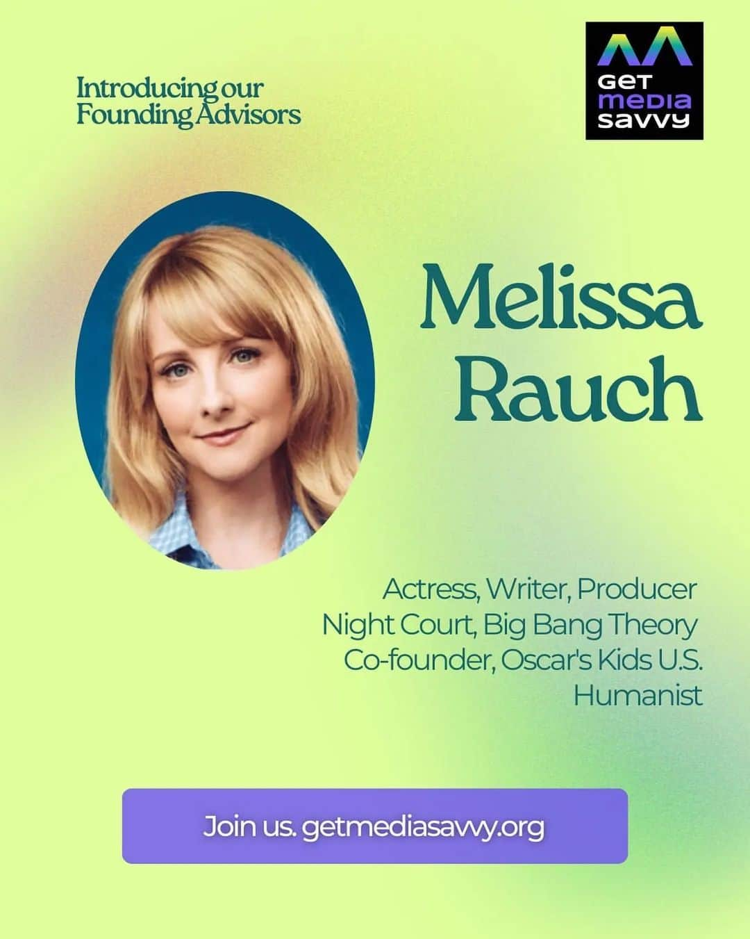 メリッサ・ラウシュのインスタグラム：「So honored to be a founding advisor of this incredible movement. As most of us are, I’ve grown extremely worried by how social media is hurting our kids’ mental health. I am so grateful to the genius mind and wonderful heart of @juliescelfo and Dr. Heidi J. Boisvert for launching Get Media Savvy, a cultural intervention aimed at catalyzing a large-scale, nationwide embrace of 21st century media literacy survival skills. Their goal for Get Media Savvy is to give people the tools to fight media chaos and defend humanity – a framework that empowers everyone to make healthy media choices for kids. If you are also deeply concerned about the outsized influence of media on our children’s emotional health please visit getmediasavvy.org to learn more!  Reposted from @juliescelfo: "Today’s Founding Advisor announcement lifts my heart. Actress Melissa Rauch is most well-known for her (hilarious) portrayal of Bernadette Rostenkowski on THE BIG BANG THEORY, and star (and EP!) of the new NIGHT COURT reboot on @nbc. But @melissarauch is also co-founder of @oscarskidsamerica, a pediatric cancer charity, and cares so much about children’s welfare that she joins Get Media Savvy. The evidence of social media’s harms to kids is too great to ignore, and she is helping us build a safer media environment for kids & families.   Melissa, thank you for your tireless devotion to children, and for putting people ahead of technology. We look forward to collaborating, and thanks for keeping us laughing and entertained along the way."  Sign up for updates at www.GetMediaSavvy.org  #getmediasavvy #medialiteracy #digitalliteracy #mediasavvy #mentalhealth #mentalhealthawareness #melissarauch #nightcourt #bigbangtheory #comedy #womenincomedy」