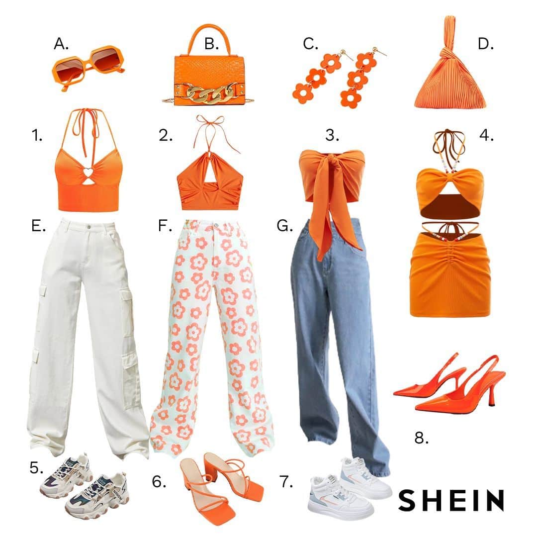 SHEINのインスタグラム：「You can't spell "oh, the range!" without orange 🧡😜 Which custom 🍊 cutie combo is your main squeeze? 👇  🔍9989234 9540332 10399245 3343771   #SHEIN #SHEINforAll #SHEINstyle #fashion #chic」