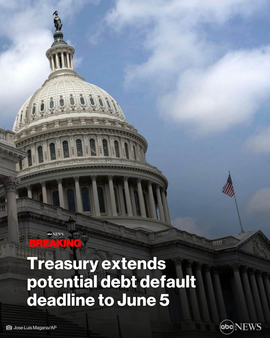 ABC Newsのインスタグラム：「BREAKING: U.S. Treasury extends potential debt default deadline to June 5 amid ongoing negotiations. MORE AT LINK IN BIO.」