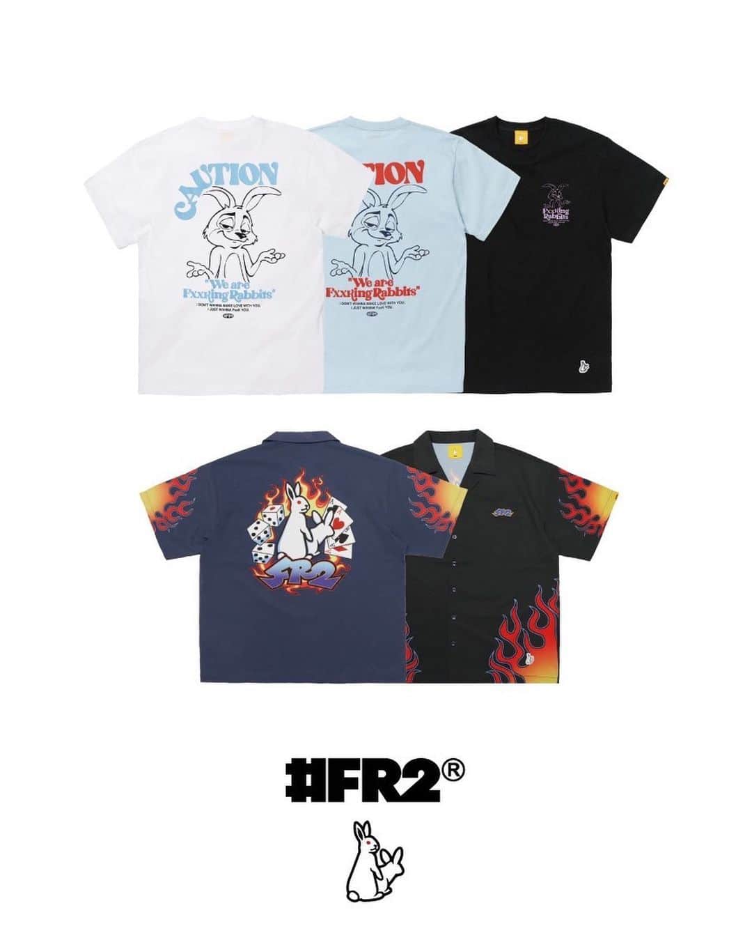 #FR2さんのインスタグラム写真 - (#FR2Instagram)「#FR2 Spring 23 Collection🐇🐇🔥  We will be selling the following products starting on 2023.5.27(sat)  2023.5.27(sat)より下記商品を発売します。  ■Saucy Rabbit T-shirt ¥7,700 (In Tax)  ■Gambling Rabbit Short sleeve Shirt ¥15,400 (In Tax)  ■Smoking Girl Short Pants ¥14,300 (In Tax)  🌐We ship world wide🌐  #FR2 #fxxkingrabbits #頭狂色情兎」5月27日 22時00分 - fxxkingrabbits