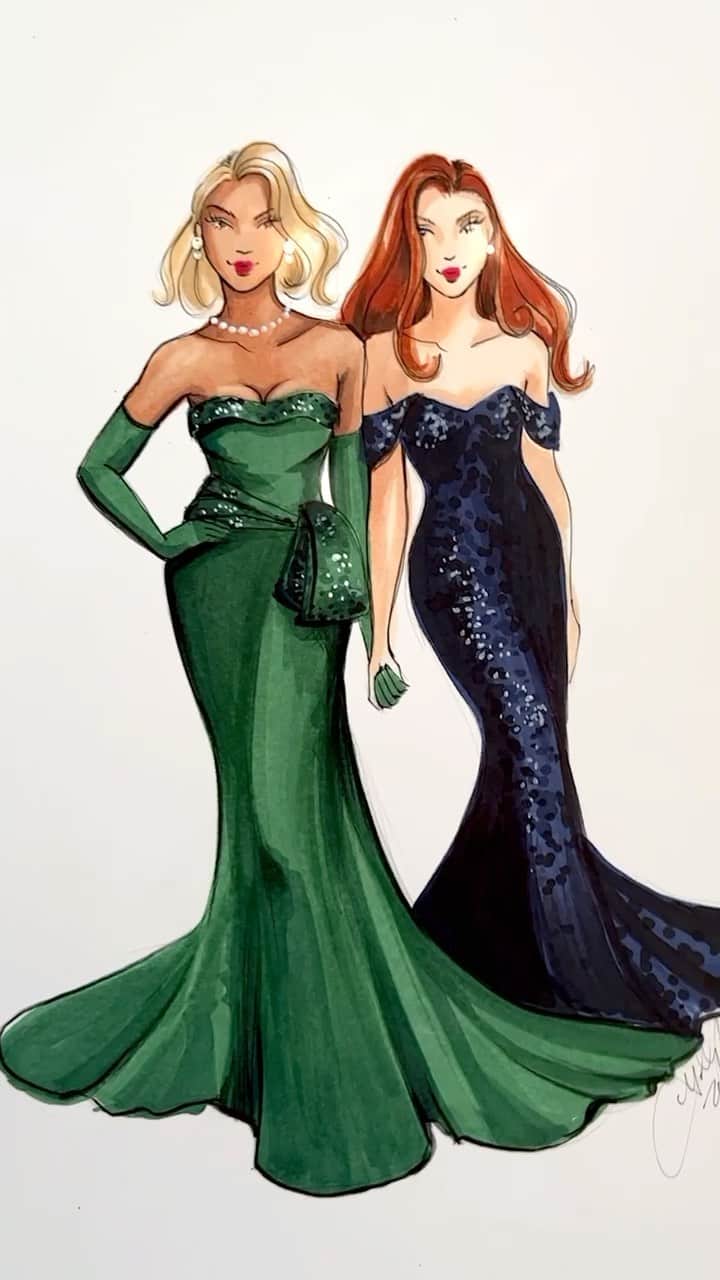 Holly Nicholsのインスタグラム：「“Never let anyone make you feel ordinary.” 💚💙 #evelynhugo #sevenhusbandsofevelynhugo #bookstagram #asmr #fashionillustration #copic」