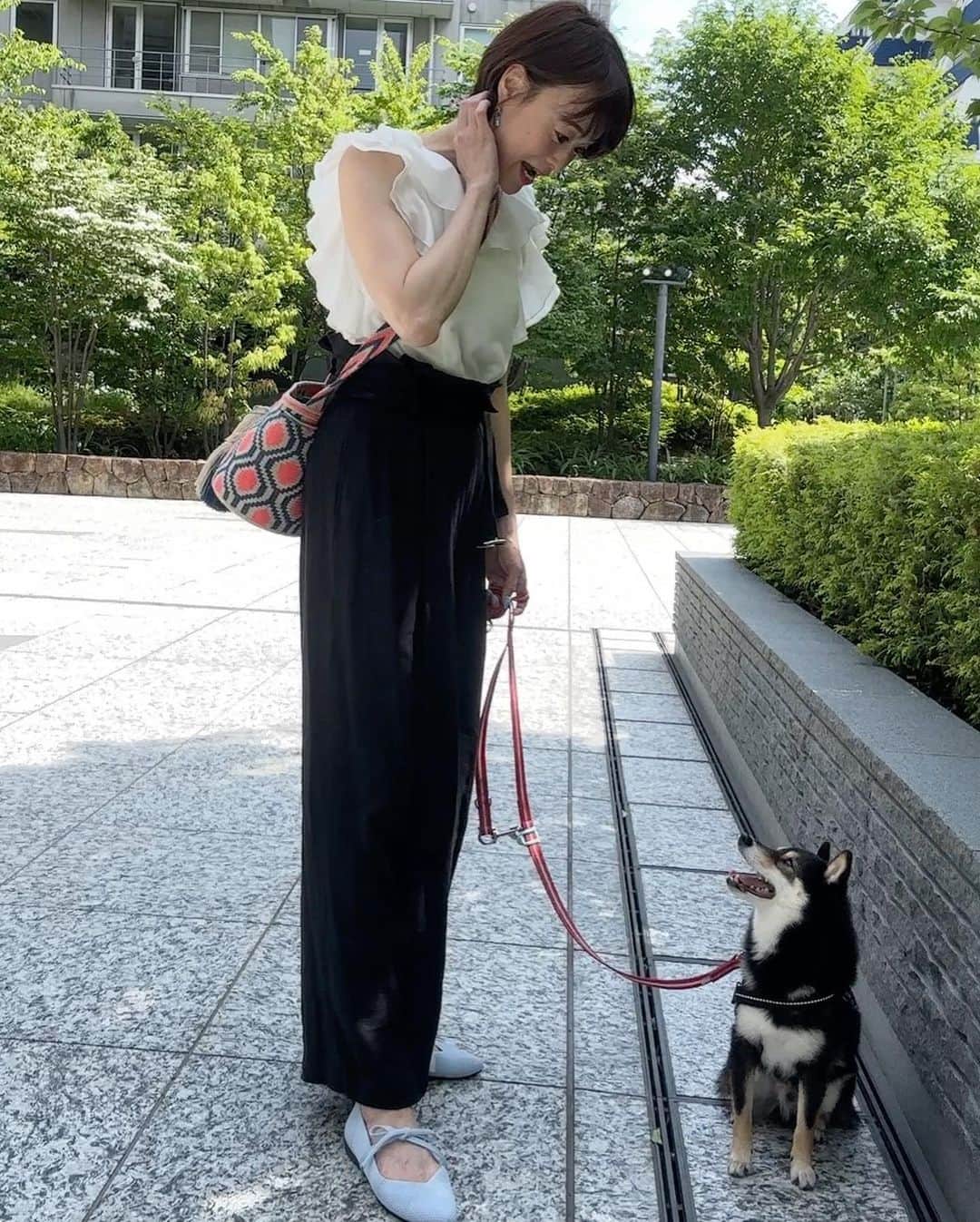 岩瀬玲のインスタグラム：「いいお天気でしたねー🥰  日焼け止め塗って サブとお散歩行って 夜はサブのお気に入りのお店 @ritz_2nd さんでご飯😏  と言ってもサブ用のご飯はなく ニンゲンが美味しいタッカンマリを🤣 個室になってるせいか ここに来るとサブはいつもリラックス だから落ち着いてご飯食べられるんですー😊  シューズは @e.three.shoes  の爽やかな水色🩵 リボン付きでかわいい🩵🩵  今日は仕事もしたけど サブと過ごす時間もまあまああって よい土曜日でした  #わんこオッケー #お散歩シューズ #中目黒」