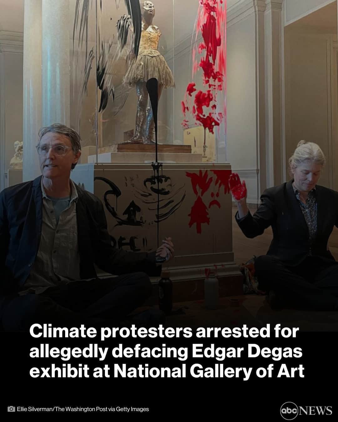 ABC Newsのインスタグラム：「After allegedly defacing an art exhibit at the National Gallery of Art last month, two climate protesters have been arrested and charged with conspiracy to commit an offense against the U.S., prosecutors say. Tap link in bio for more.」