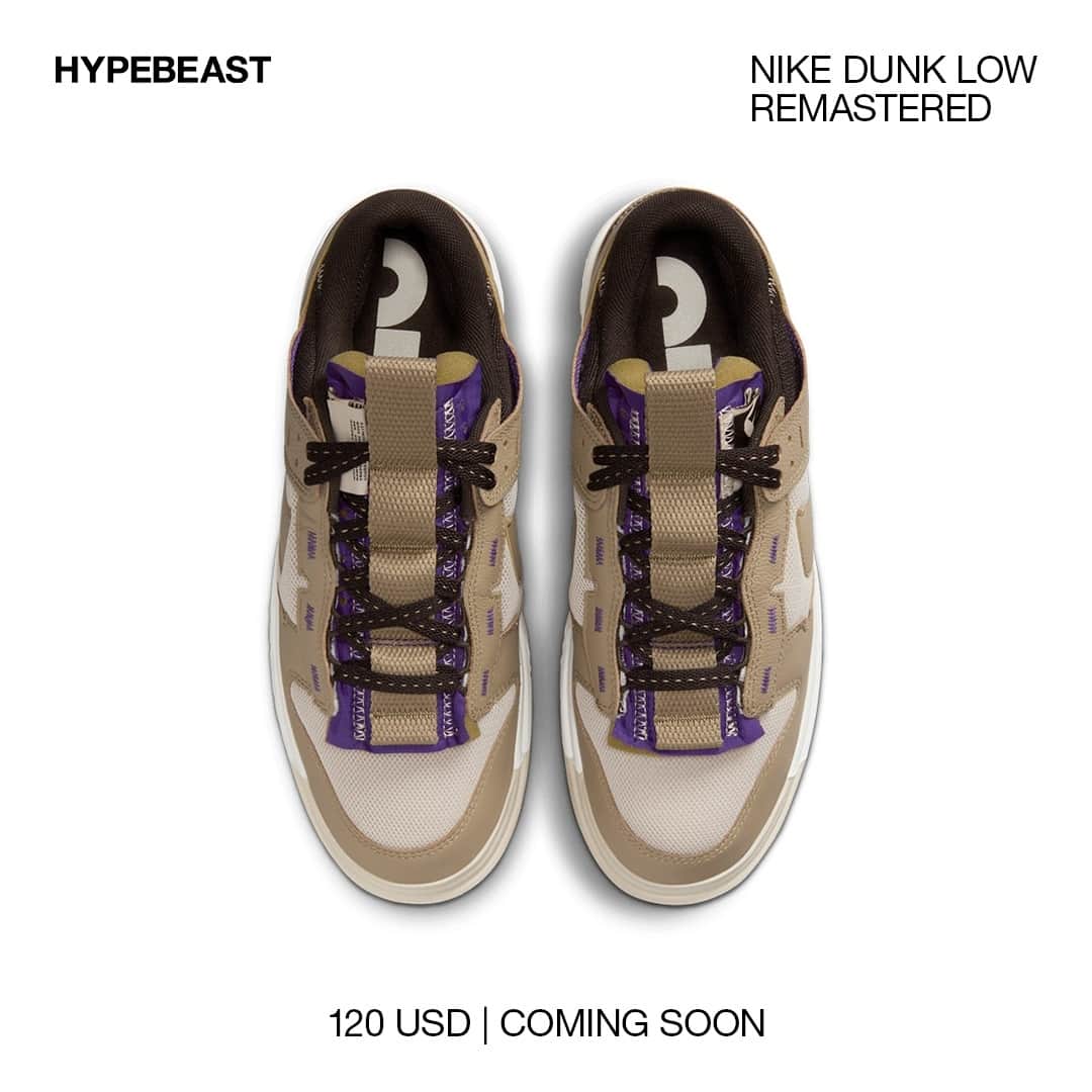 HYPEBEASTさんのインスタグラム写真 - (HYPEBEASTInstagram)「@hypebeastkicks: @nike has presented yet another revision to its classic Dunk line with a new Dunk Low Remastered in a “Mushroom” colorway. The upcoming pair arrives with its signature brown hue at the mesh, occupying the base of the sneaker. From there, leather overlays have been adorned in a darker beige, matching the shoe’s lengthy pull tab affixed to the tongue. “Concord” purple also accents the midfoot of the upper, coats the foam tongue’s base, and is embroidered at the eyestays.⁠ ⁠ As of now, no release details have been disclosed by the Swoosh, but you can likely expect these to land on shelves at a price of $120 USD.⁠ Photo: Nike」5月27日 15時00分 - hypebeast