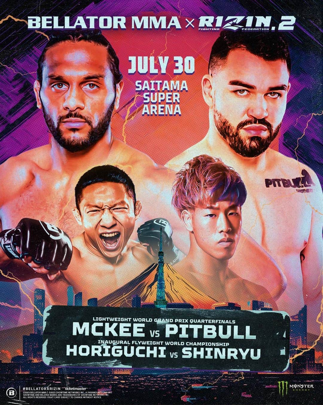 RIZIN FF OFFICIALのインスタグラム：「𝐁𝐄𝐋𝐋𝐀𝐓𝐎𝐑 𝐗 𝐑𝐈𝐙𝐈𝐍 𝟐 🇯🇵  President @therealscottcoker announces that Bellator will join forces with @rizin_pr for another 𝙨𝙪𝙥𝙚𝙧𝙨𝙝𝙤𝙬. @ajmckee101 faces @patrickypitbull in the final #BellatorLWGP quarterfinal & @kyoji1012 takes on @makoto2000mma for the inaugural flyweight world championship!  #BellatorxRizin2 | Sun, July 30 | 📍 Saitama Super Arena」