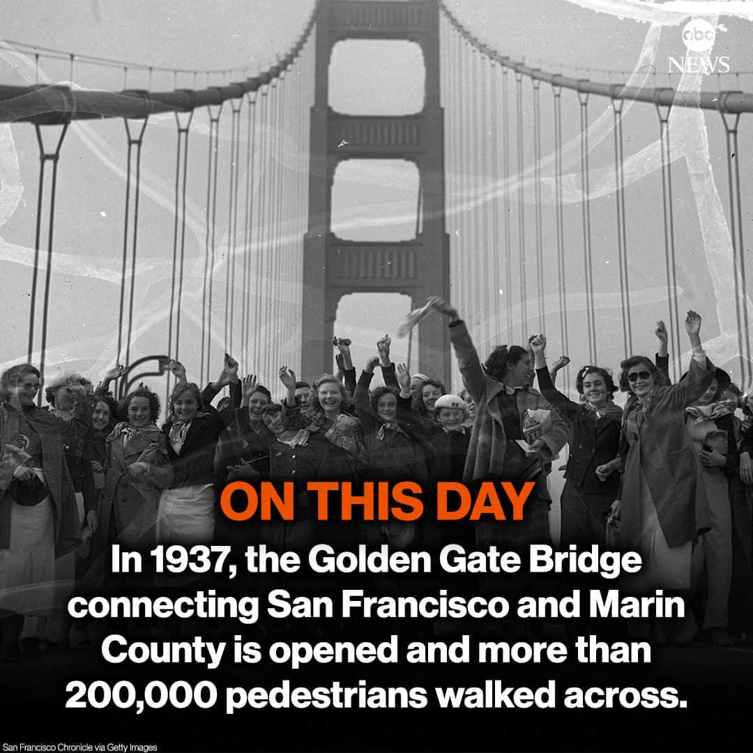 ABC Newsさんのインスタグラム写真 - (ABC NewsInstagram)「ON THIS DAY: In 1937, the newly completed Golden Gate Bridge connecting San Francisco and Marin County, California, was opened to pedestrian traffic and more than 200,000 people walked across.」5月27日 19時01分 - abcnews