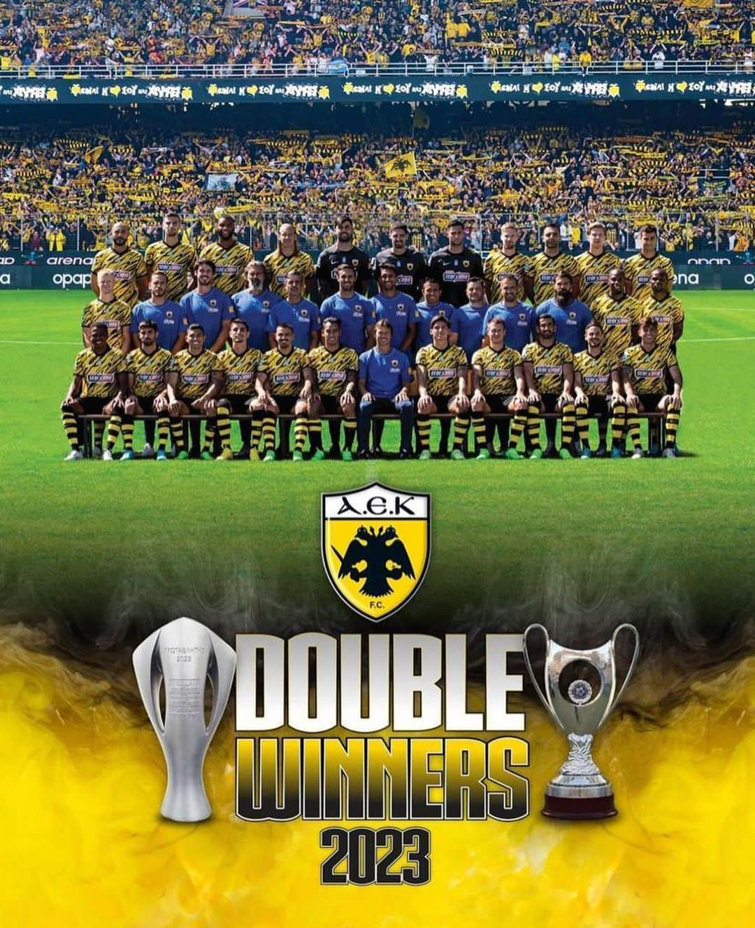 パナギオティス・コネのインスタグラム：「Double Winners after 45 years!!!History is rewritten!💛🖤」